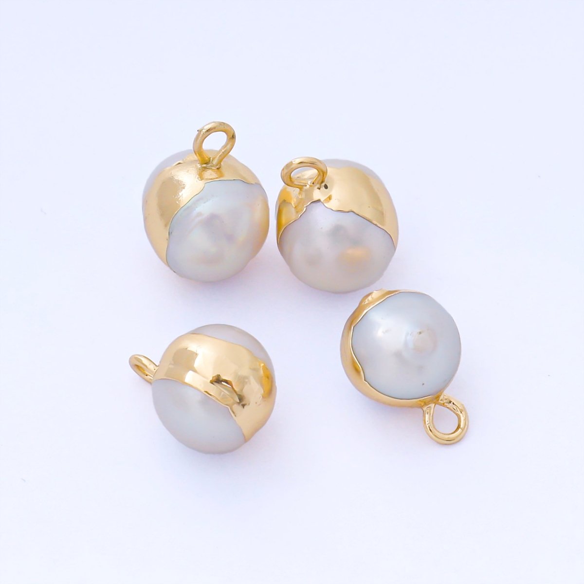 24K Gold Filled 12mm Bezel Setting Round Shell Pearl Dainty Drop Charm | AF581 - DLUXCA