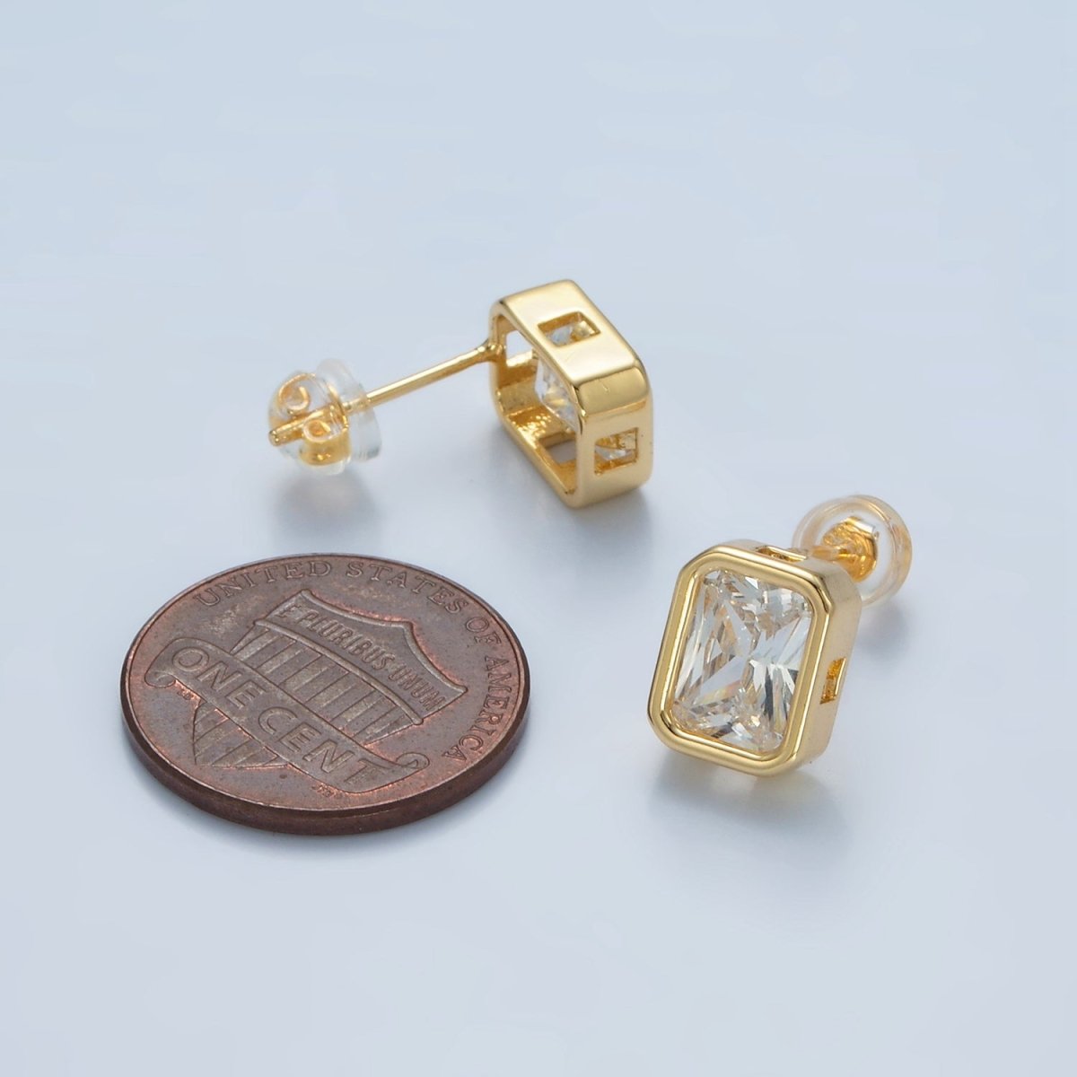 24K Gold Filled 12mm Clear CZ Baguette Edged Bezel Stud Earrings | AD671 - DLUXCA