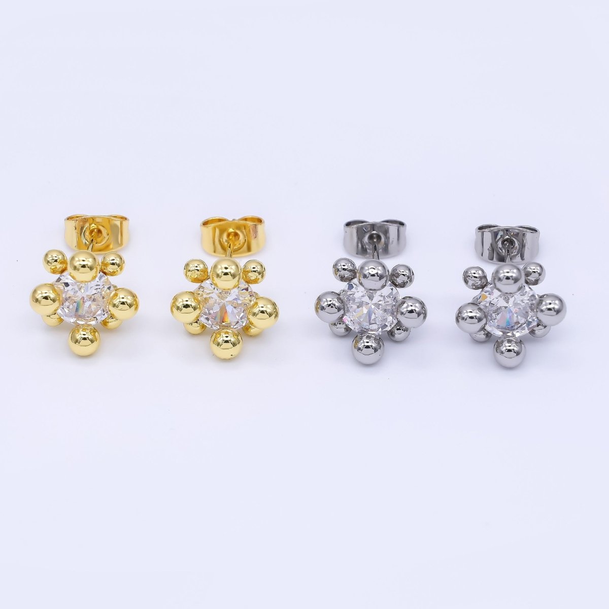 24K Gold Filled 12mm Clear CZ Round Bead Stud Earrings in Gold & Silver | AI486 AI487 - DLUXCA