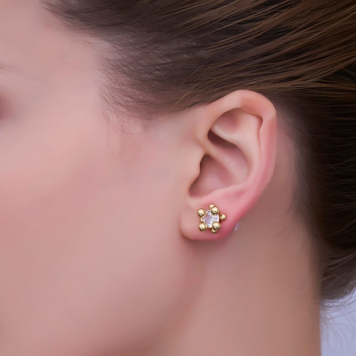 24K Gold Filled 12mm Clear CZ Round Bead Stud Earrings in Gold & Silver | AI486 AI487 - DLUXCA