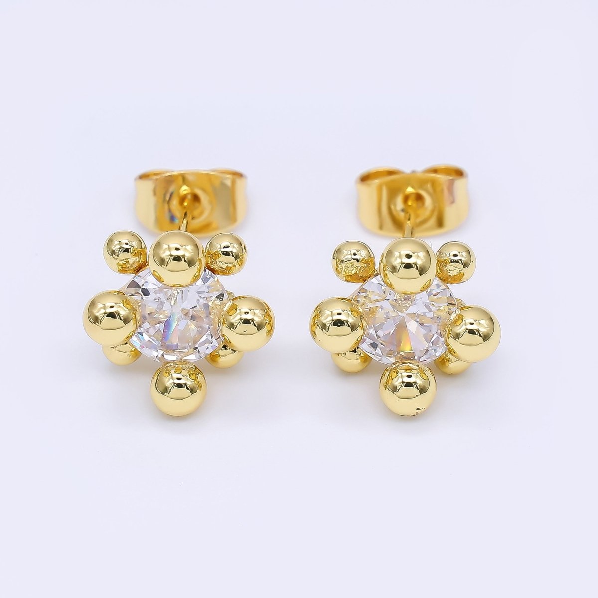24K Gold Filled 12mm Clear CZ Round Bead Stud Earrings in Gold & Silver | AI486 AI487 - DLUXCA