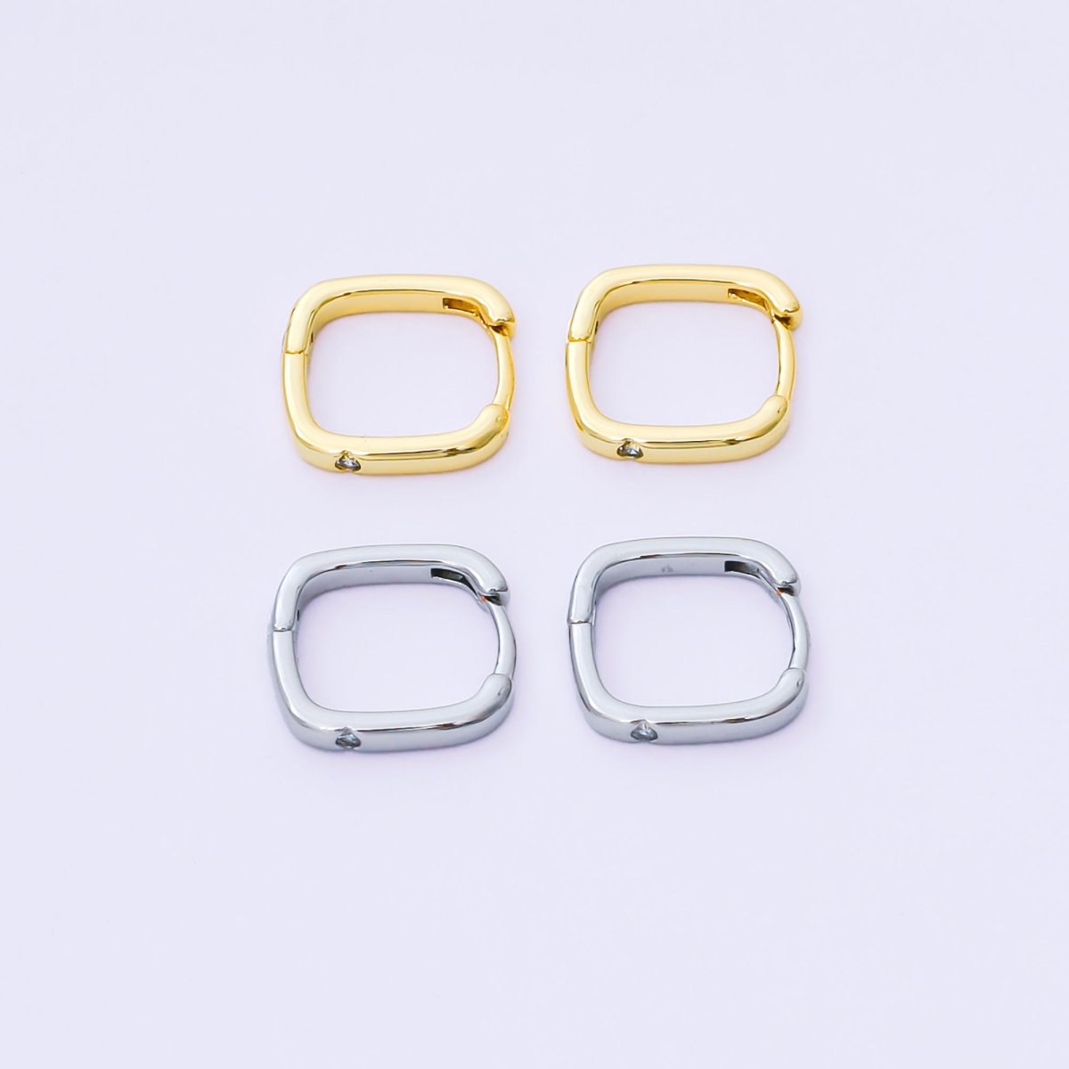 24K Gold Filled 12mm Clear CZ Square Cartilage Huggie Earrings in Gold & Silver | AB241 - DLUXCA