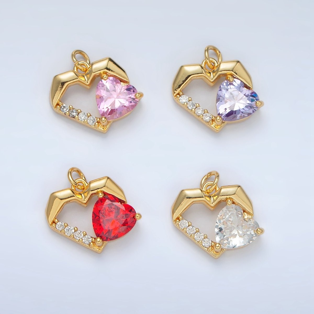 24K Gold Filled 12mm Clear, Red, Pink, Purple CZ Micro Paved Open Heart Charm | M013 - M014 - DLUXCA