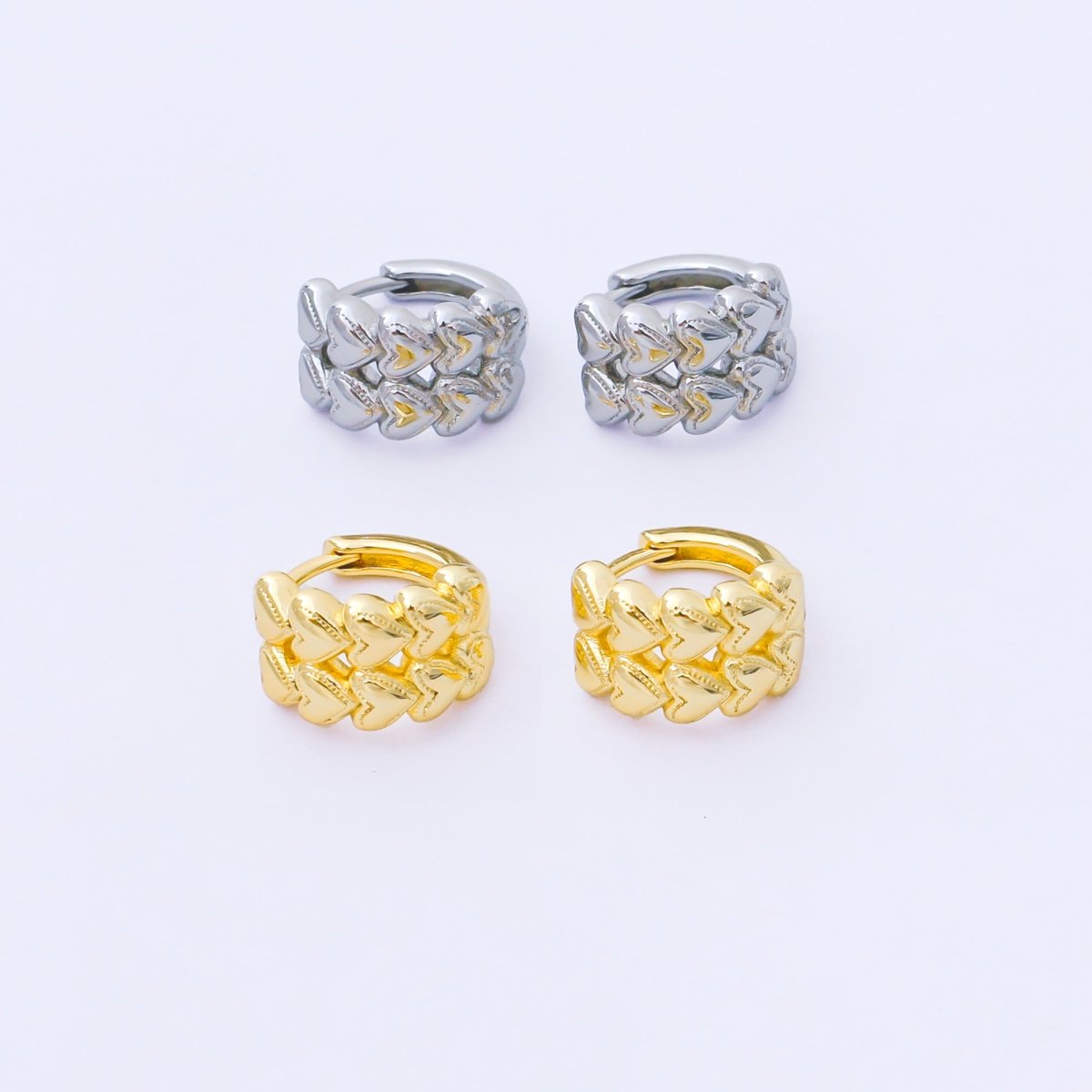 24K Gold Filled 12mm Double Row Heart Huggie Earrings in Gold & Silver | AB1611 AB1612 - DLUXCA