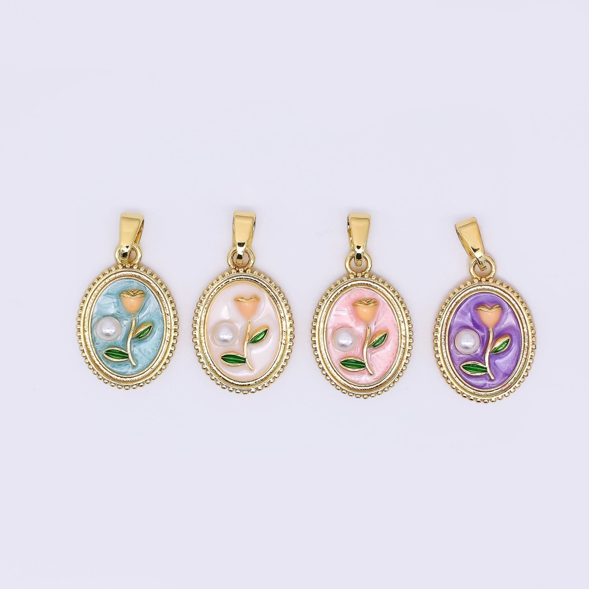24K Gold Filled 12mm Enamel Art Shell Pearl Framed Vintage Style Flower Pendant in Blue, Pink, & Purple | AH - 506 AH - 507 - DLUXCA