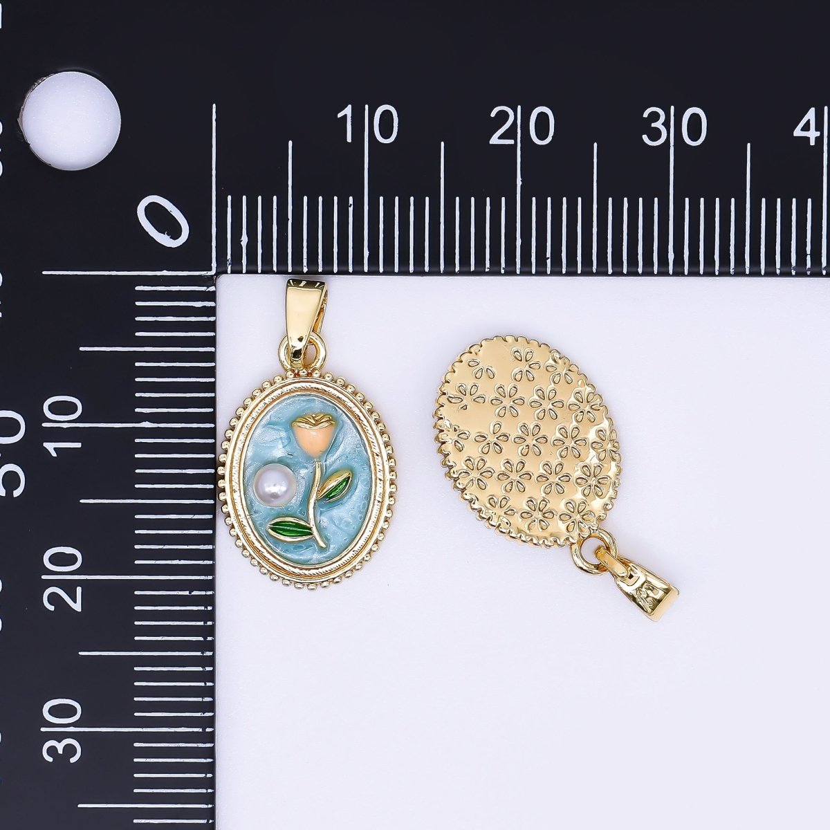 24K Gold Filled 12mm Enamel Art Shell Pearl Framed Vintage Style Flower Pendant in Blue, Pink, & Purple | AH - 506 AH - 507 - DLUXCA