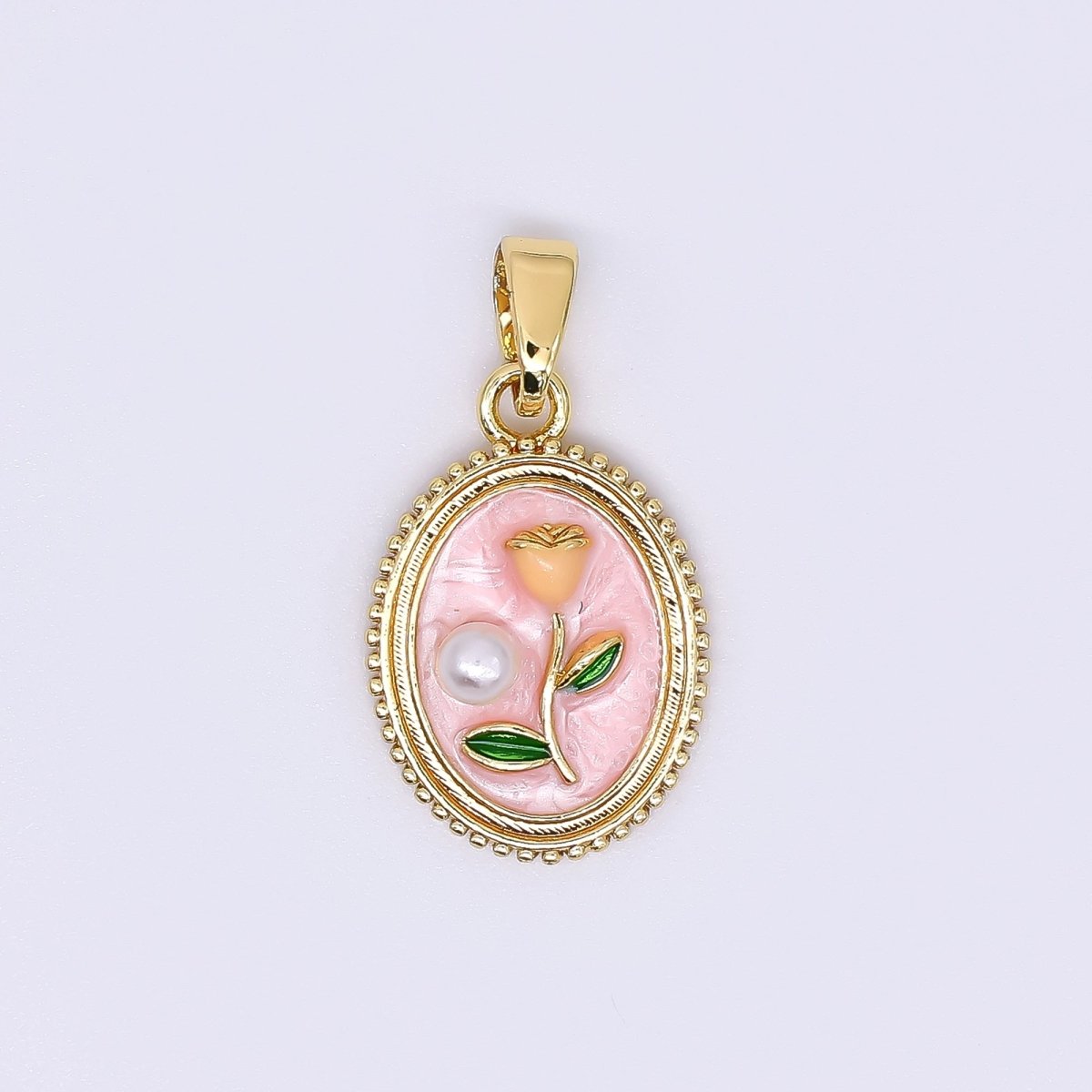 24K Gold Filled 12mm Enamel Art Shell Pearl Framed Vintage Style Flower Pendant in Blue, Pink, & Purple | AH - 506 AH - 507 - DLUXCA