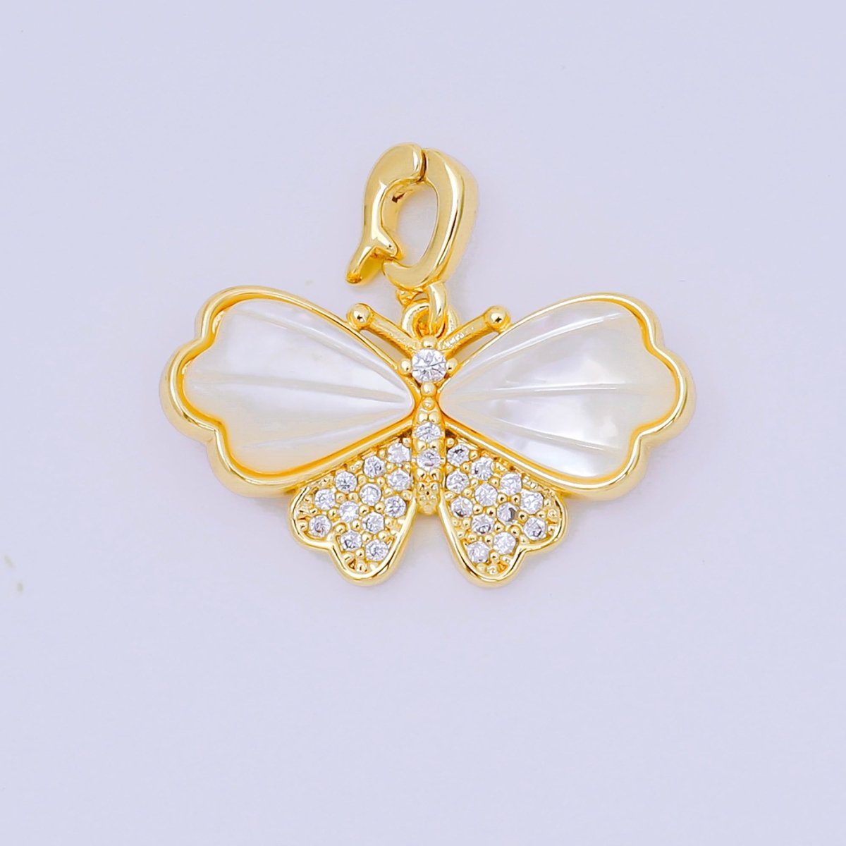 24K Gold Filled 12mm Micro Paved CZ Mother of Pearl Magnificent Mariposa Butterfly Pendant in Gold & Silver | AA - 1576 - DLUXCA