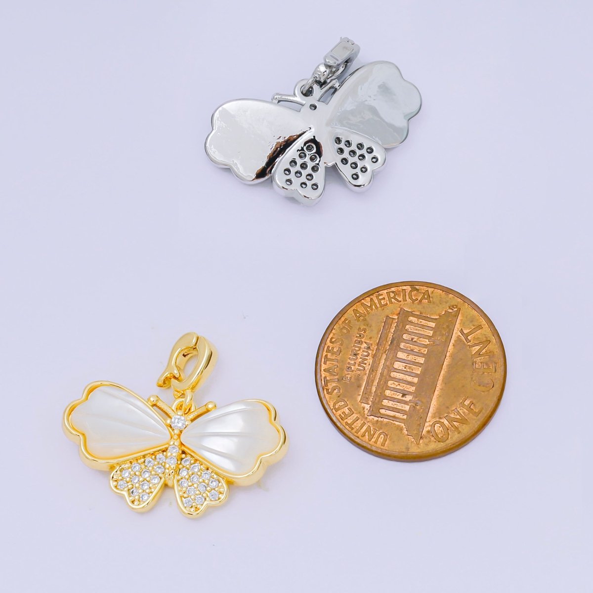24K Gold Filled 12mm Micro Paved CZ Mother of Pearl Magnificent Mariposa Butterfly Pendant in Gold & Silver | AA - 1576 - DLUXCA