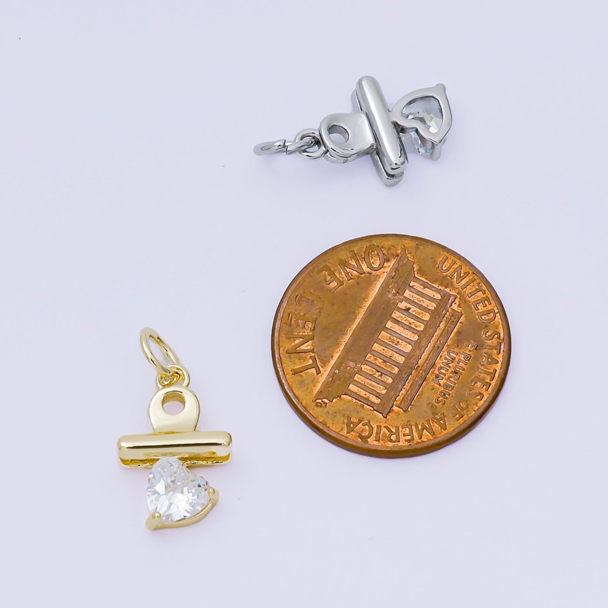 24K Gold Filled 13.5mm Heart - Shaped CZ Binder Clip Charm in Gold & Silver | AH - 609 - DLUXCA