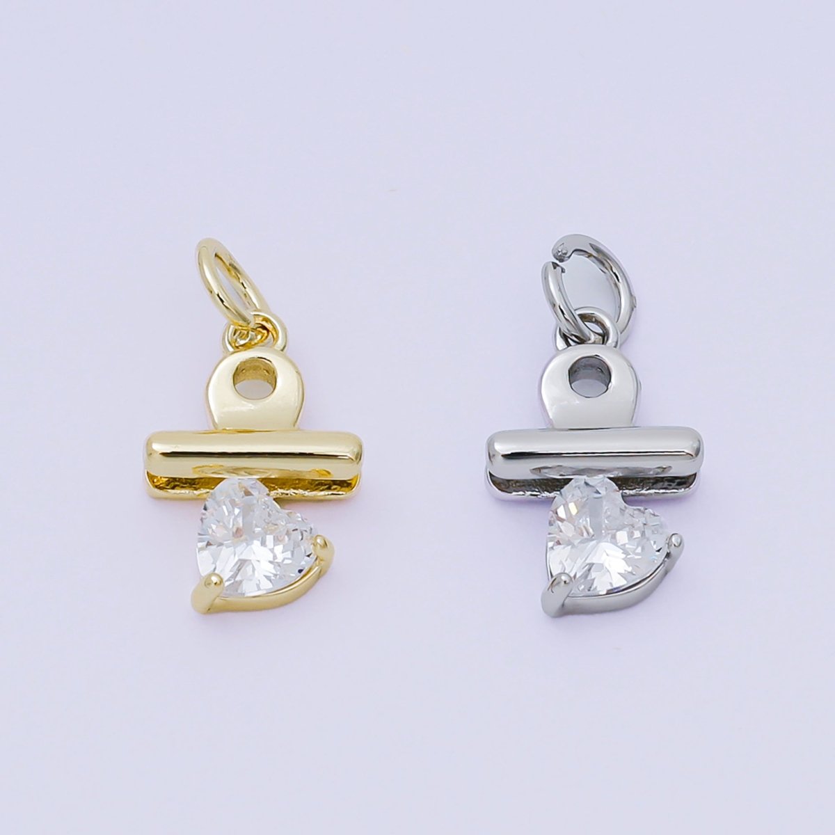 24K Gold Filled 13.5mm Heart - Shaped CZ Binder Clip Charm in Gold & Silver | AH - 609 - DLUXCA