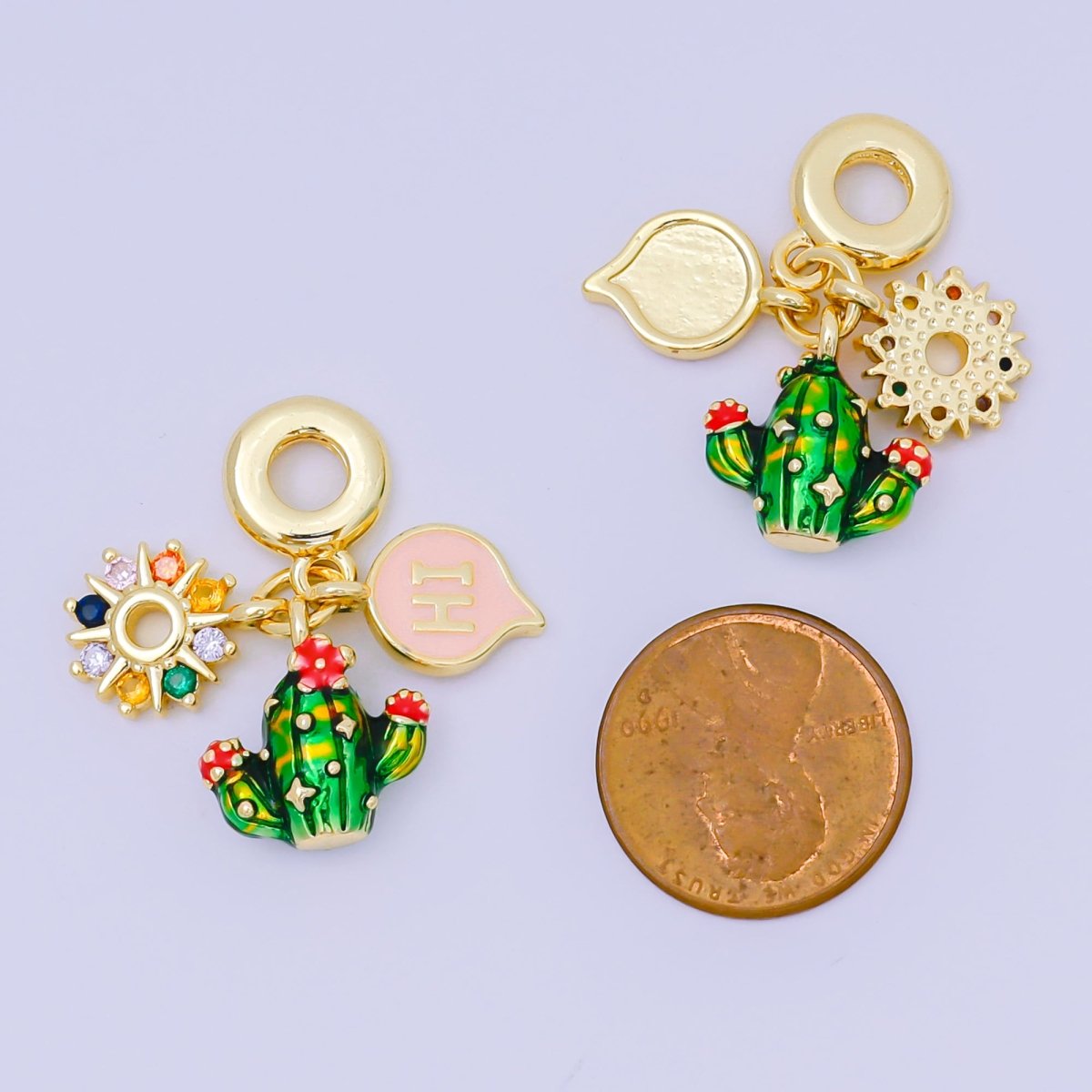 24K Gold Filled 13.5mm Multicolor CZ Enamel Art Desert Theme Charm in Cactus, Sun, & Hi Rhondelle Drop Pendant | M - 098 - DLUXCA