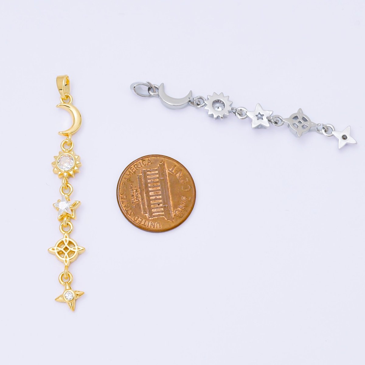 24K Gold Filled 13mm Clear CZ Celestial Sun Moon Star Pendant in Gold & Silver Drod Lariat Charm | AA1627 - DLUXCA