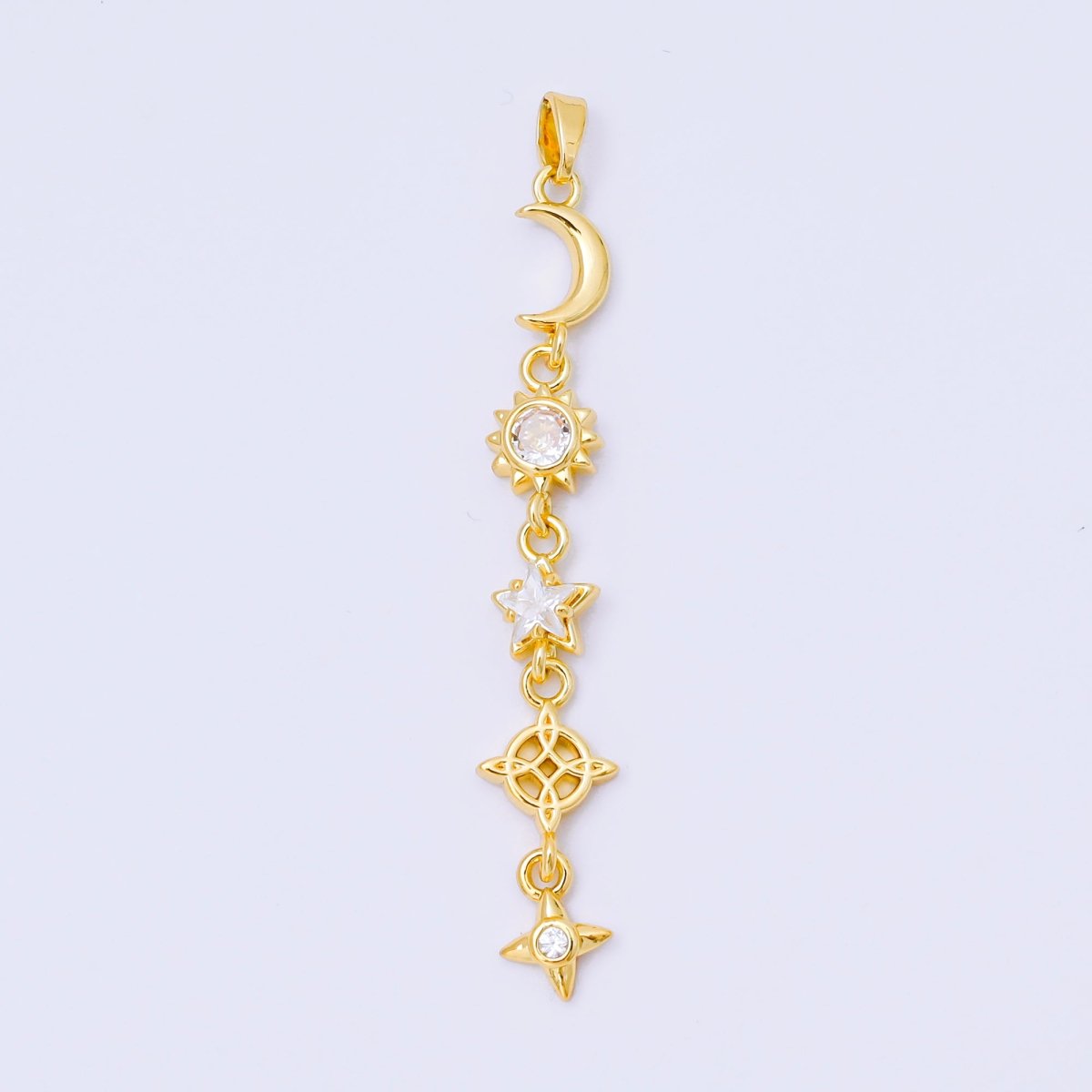 24K Gold Filled 13mm Clear CZ Celestial Sun Moon Star Pendant in Gold & Silver Drod Lariat Charm | AA1627 - DLUXCA