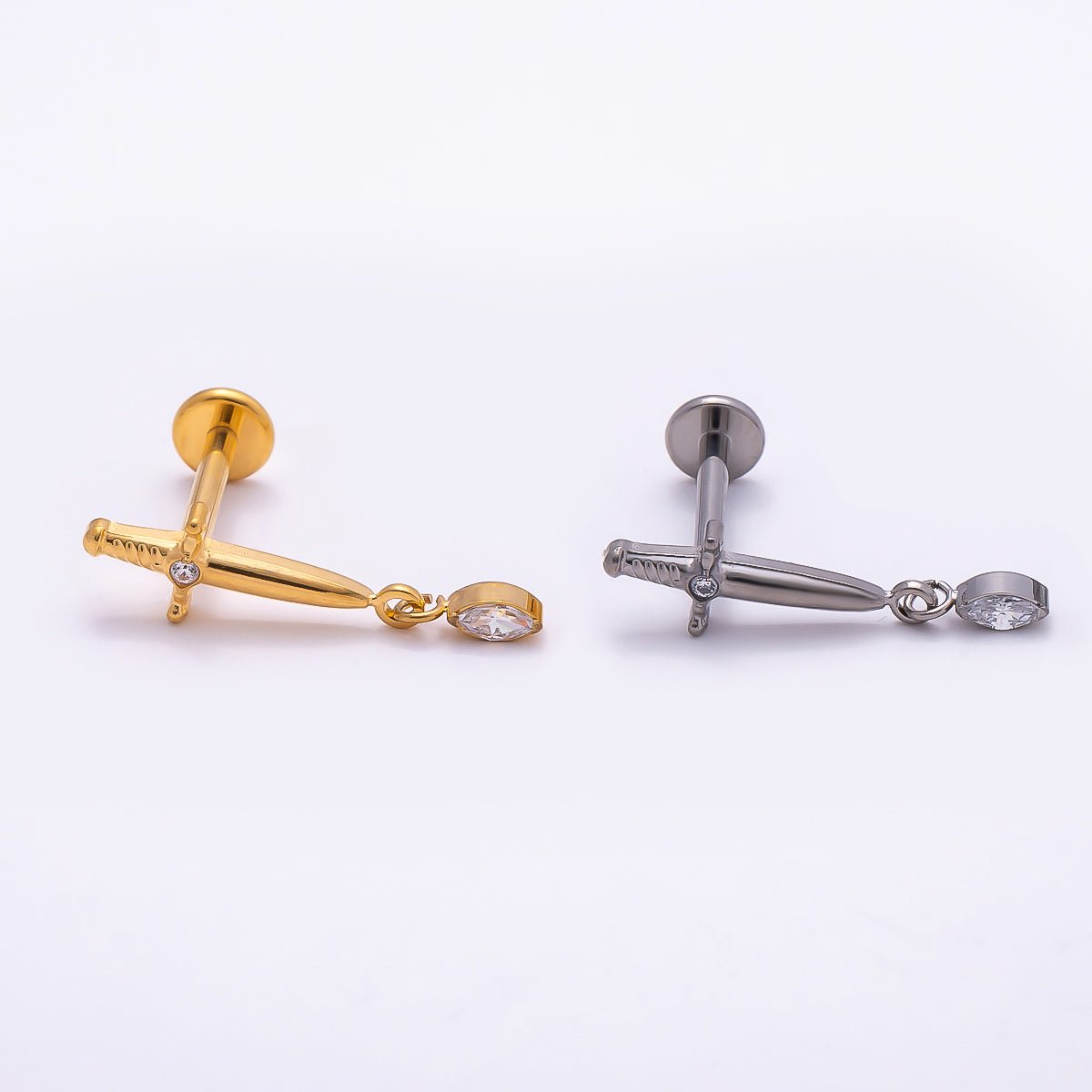 24K Gold Filled 13mm Dagger Knife CZ Drop Cartilage Piercing Flat Back Stud in Gold & Silver | Findings-00254 Findings-00255 - DLUXCA