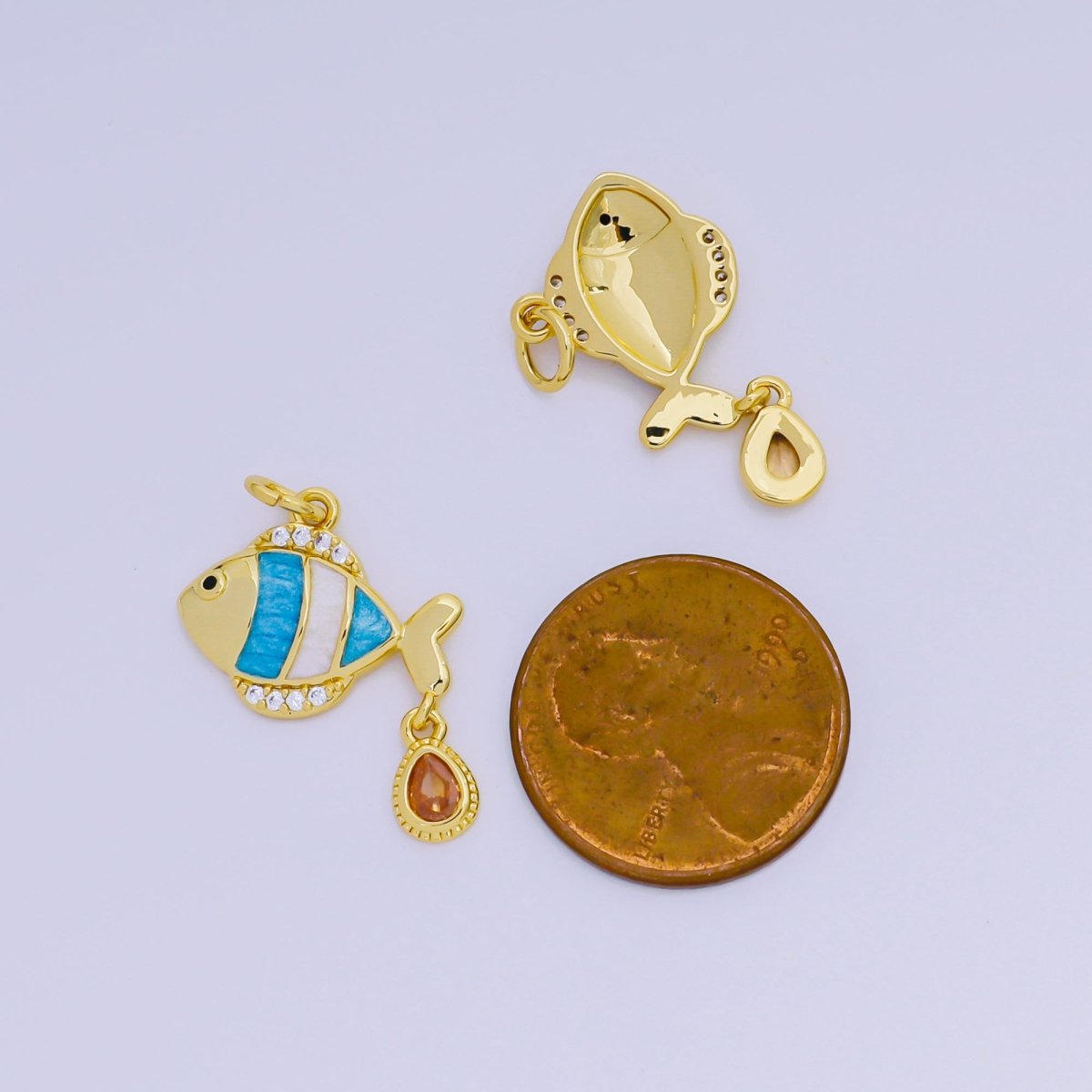 24K Gold Filled 13mm Enamel Micro Paved CZ Blue Clown Fish Charm | AJ393 - DLUXCA