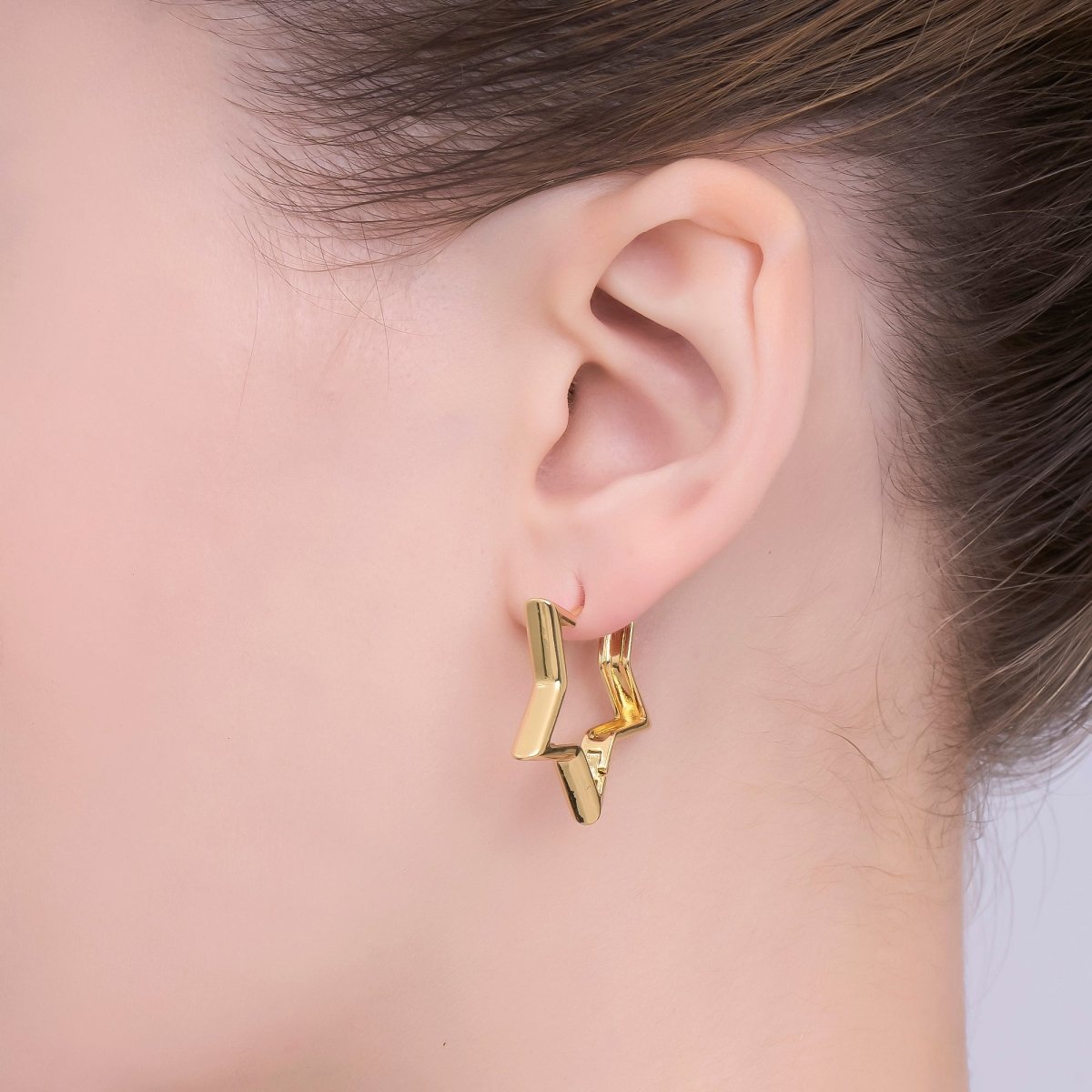 24K Gold Filled 14mm, 18.5mm, 30mm Celestial Star Huggie Hoop Earrings | T040 T070 T105 - DLUXCA