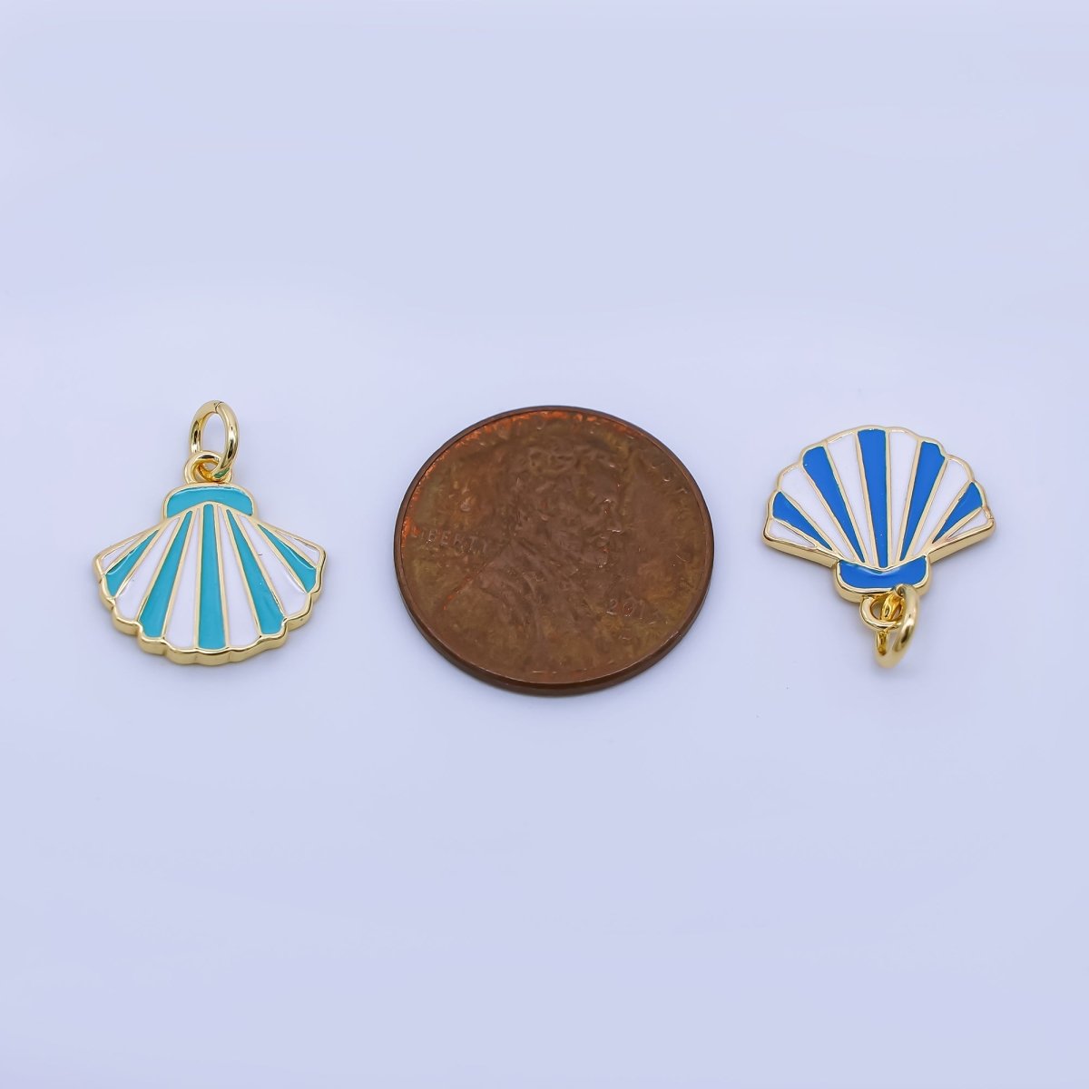24K Gold Filled 14mm Blue, Purple, Pink, Light Blue Striped Enamel Sea Shell Charm | AJ429 - AJ430 - DLUXCA