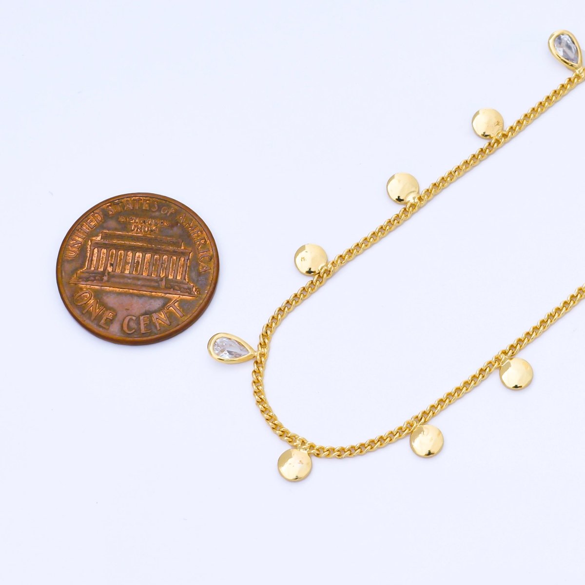 24K Gold Filled 1.4mm Cable Chain w. Teardrop CZ Drop Unfinished Chain by Yard | Roll - 1681 - DLUXCA