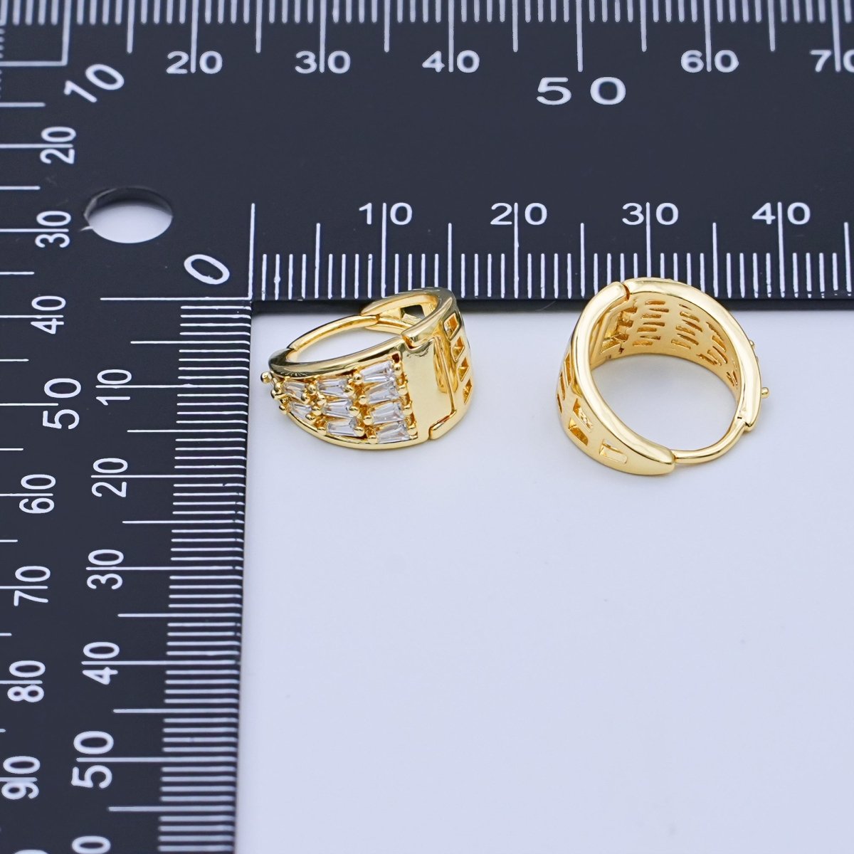 24K Gold Filled 14mm Clear Baguette CZ Dome Hoop Earrings | T396 - DLUXCA