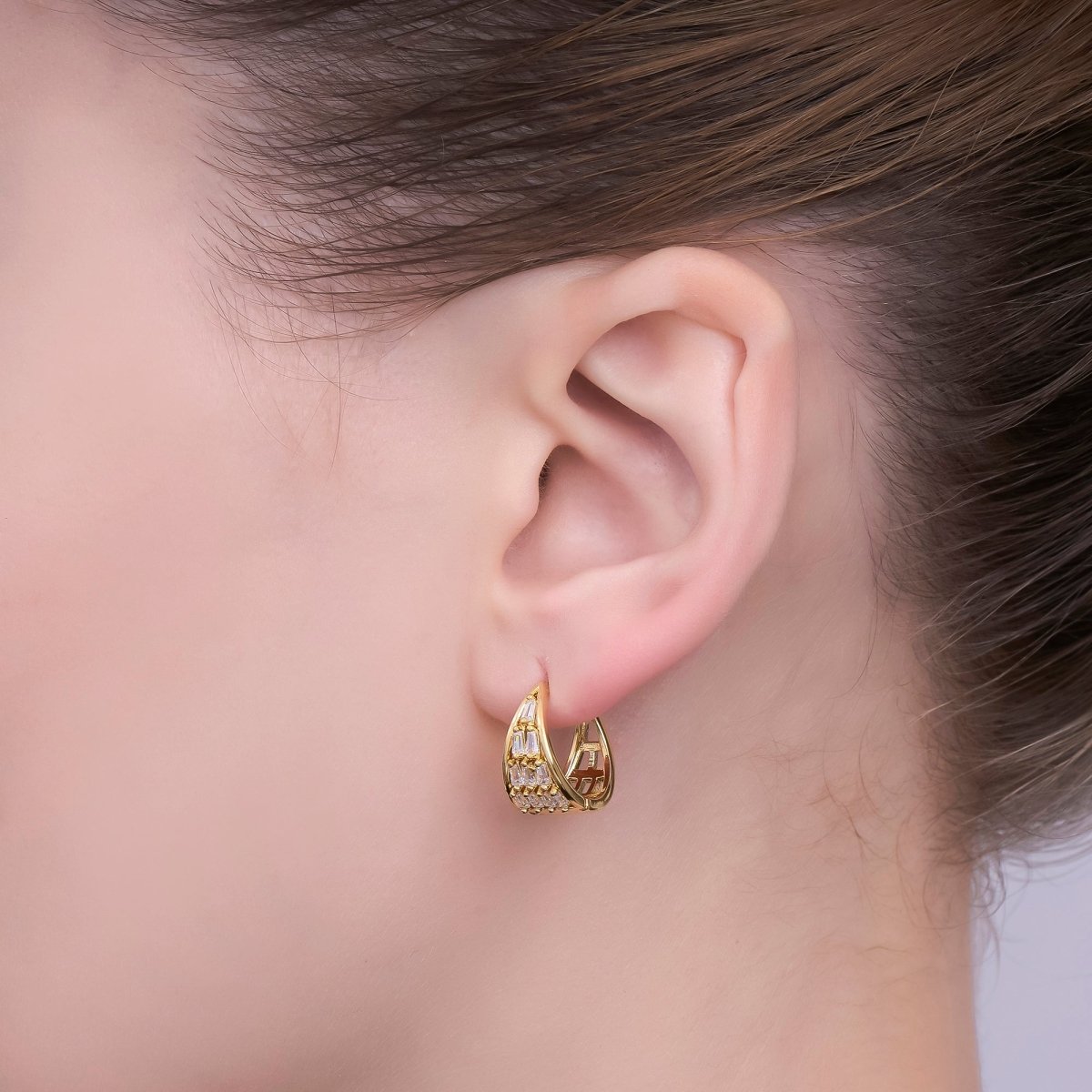 24K Gold Filled 14mm Clear Baguette CZ Dome Hoop Earrings | T396 - DLUXCA