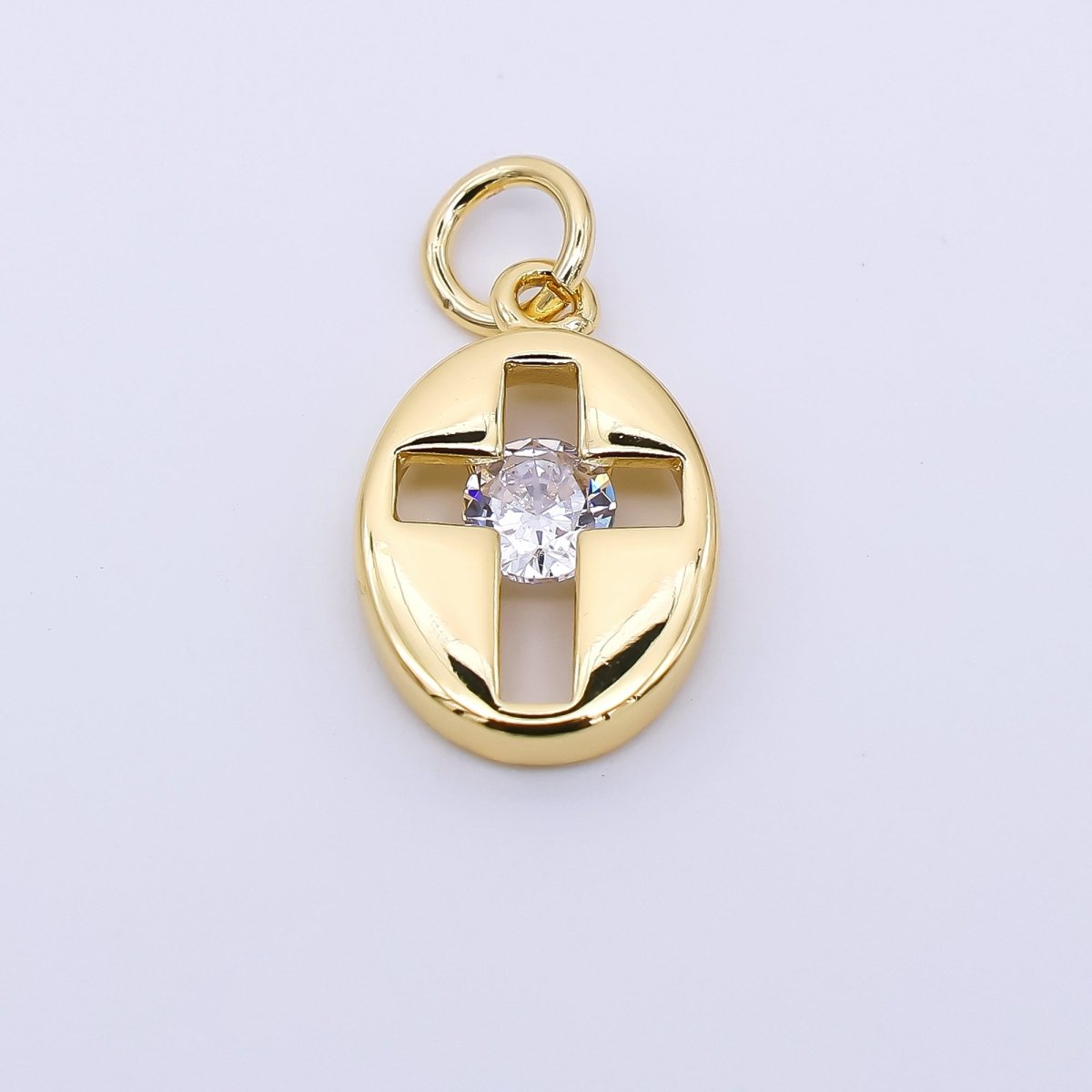 24K Gold Filled 14mm Clear CZ Open Religious Cross Oval Charm in Gold & Silver | AC1598 - DLUXCA
