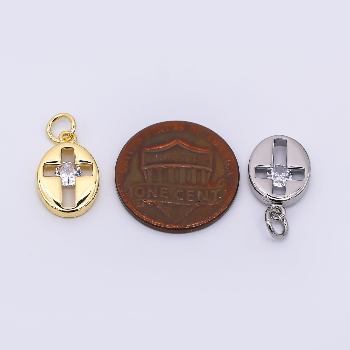 24K Gold Filled 14mm Clear CZ Open Religious Cross Oval Charm in Gold & Silver | AC1598 - DLUXCA