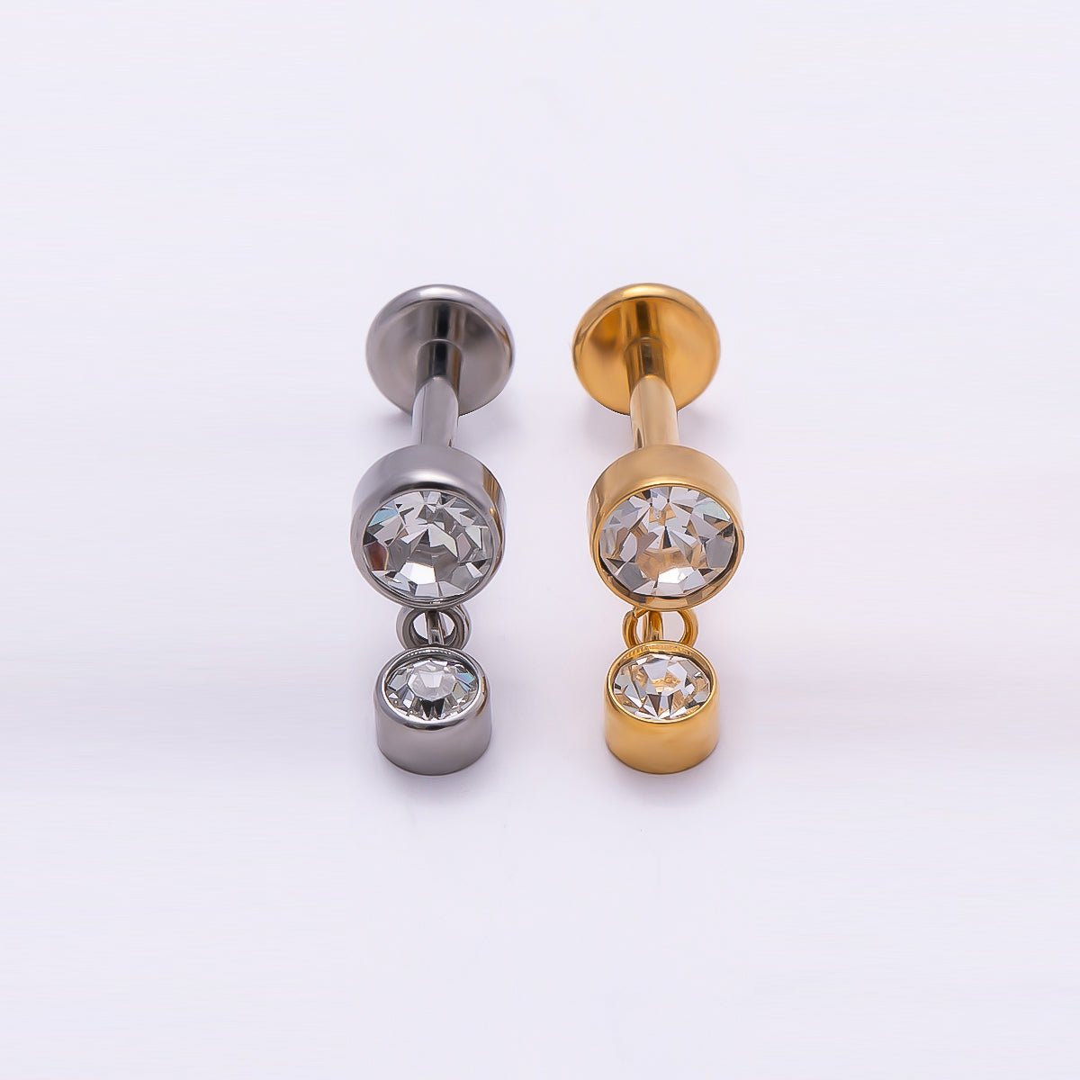 24K Gold Filled 14mm Clear CZ Round Drop Cartilage Piercing Flat Back Stud in Gold & Silver | Findings-00250 Findings-00251 - DLUXCA