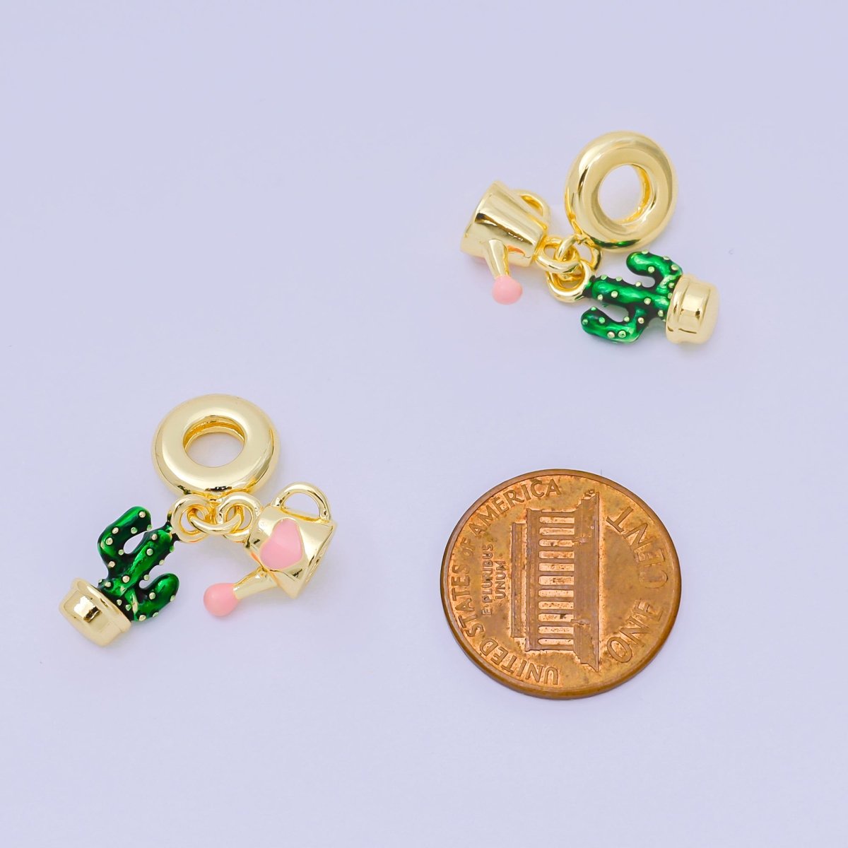 24K Gold Filled 14mm Enamel Art Water the Cactus Set Charm in Cactus Plant & Water Can | AH - 599 - DLUXCA
