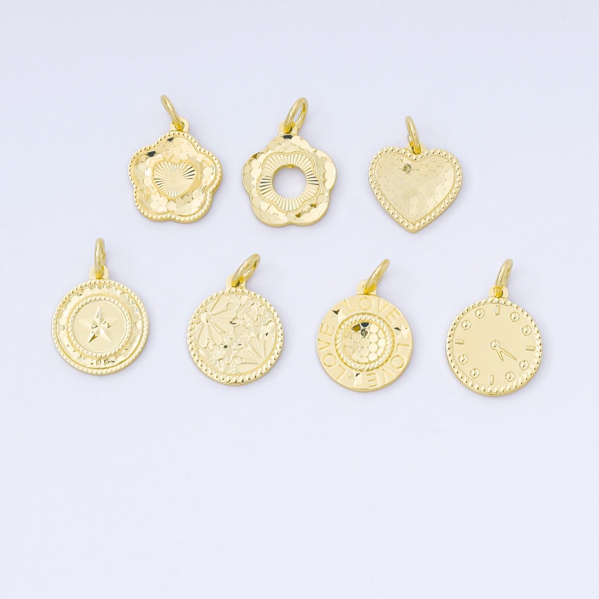 24K Gold Filled 14mm Flowers, Heart, Star Golden Coin Drop Charm | AF1529 ~ AF1531 - DLUXCA
