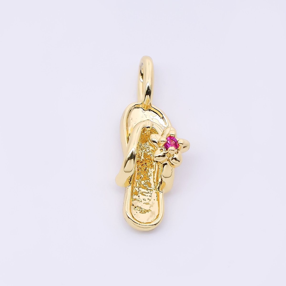 24K Gold Filled 14mm Fuchsia Flower CZ Flip Flop Sandals Pendant in Gold & Silver | AH528 - DLUXCA