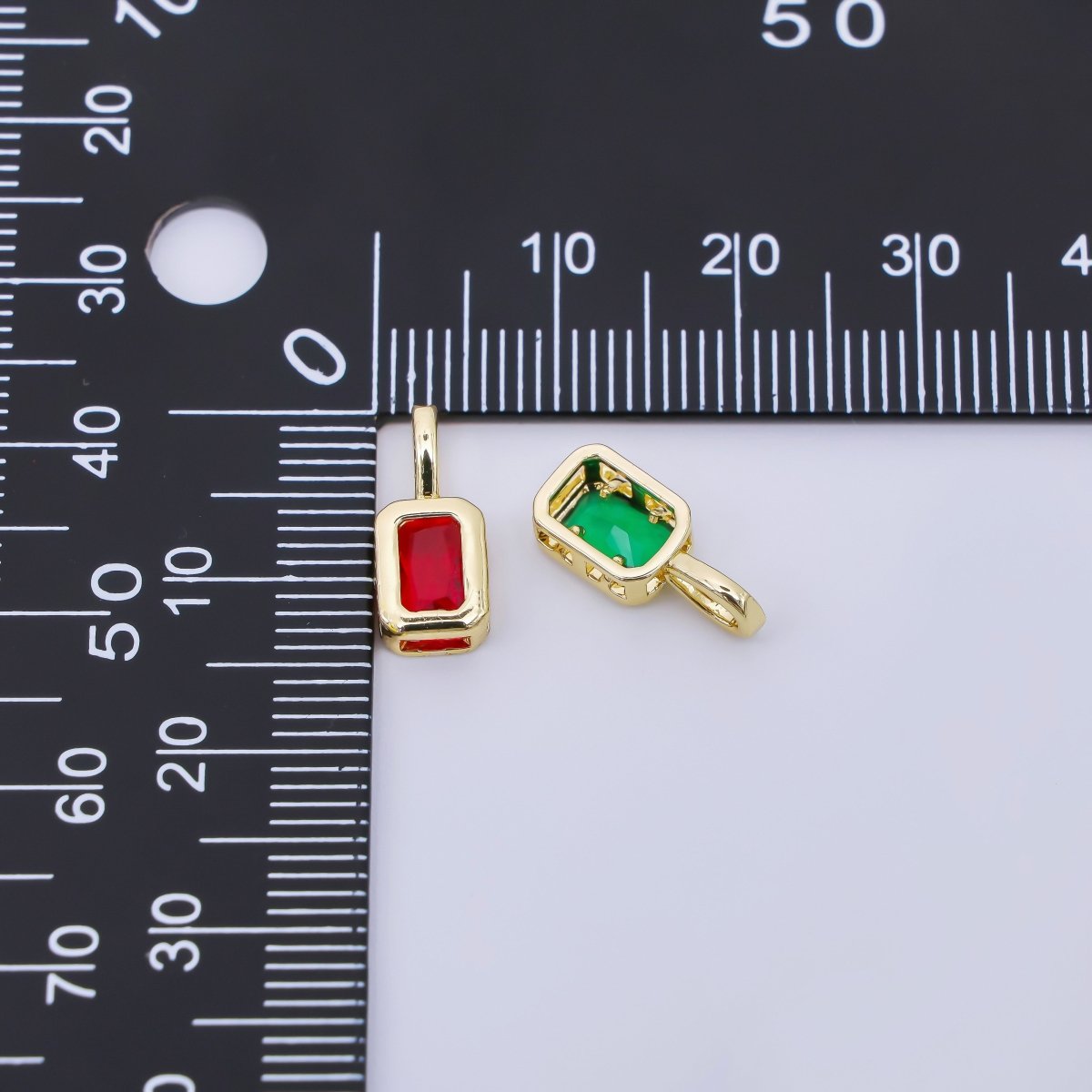 24K Gold Filled 14mm Green, Red, Black, Blue Pink Baguette CZ Bezel Cut Charm | AA1633 - AA1635 - DLUXCA