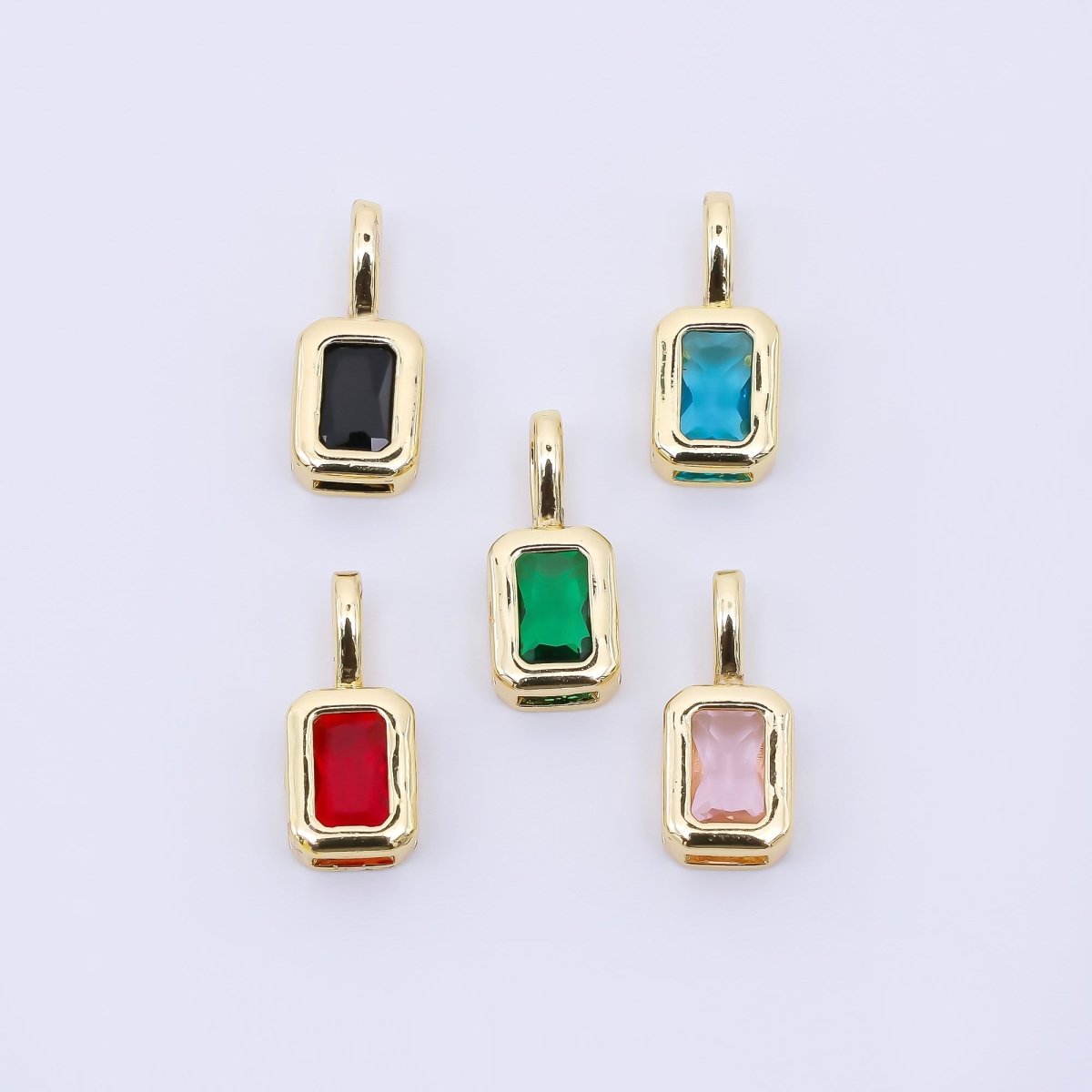 24K Gold Filled 14mm Green, Red, Black, Blue Pink Baguette CZ Bezel Cut Charm | AA1633 - AA1635 - DLUXCA