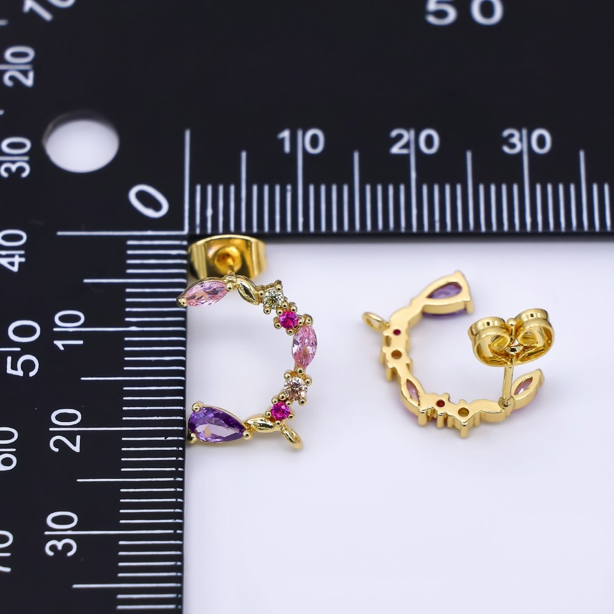 24K Gold Filled 14mm Mixed - Cut CZ C - Shaped Floral Half - Earrings Open Loop Earring Findings | K - 003 - DLUXCA