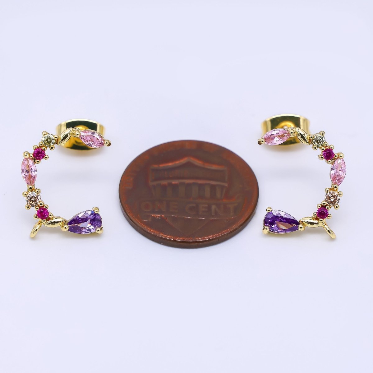 24K Gold Filled 14mm Mixed - Cut CZ C - Shaped Floral Half - Earrings Open Loop Earring Findings | K - 003 - DLUXCA