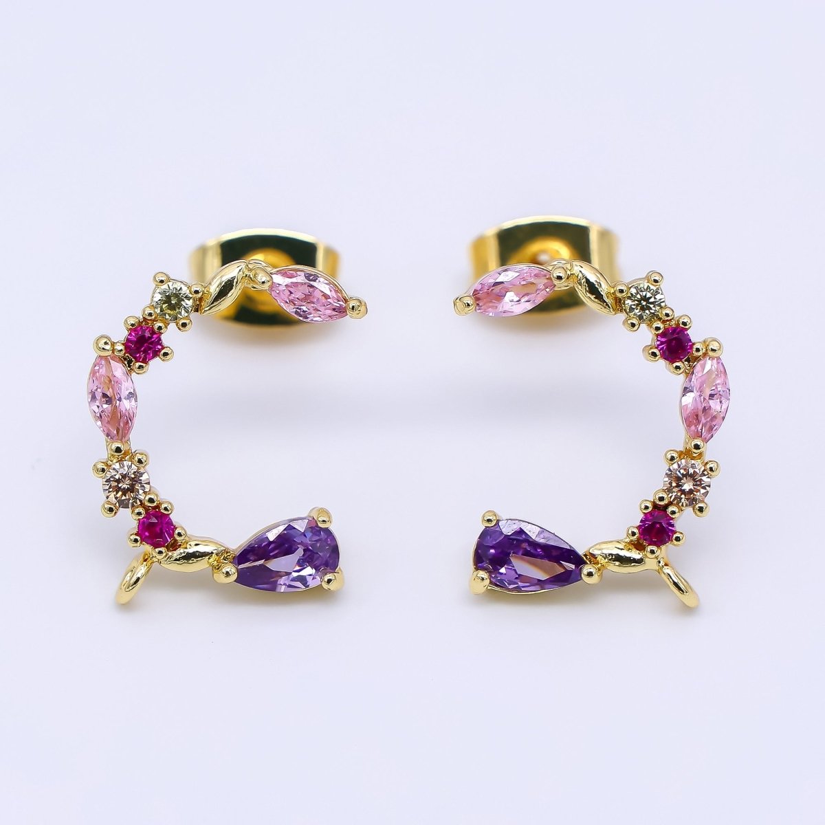 24K Gold Filled 14mm Mixed - Cut CZ C - Shaped Floral Half - Earrings Open Loop Earring Findings | K - 003 - DLUXCA