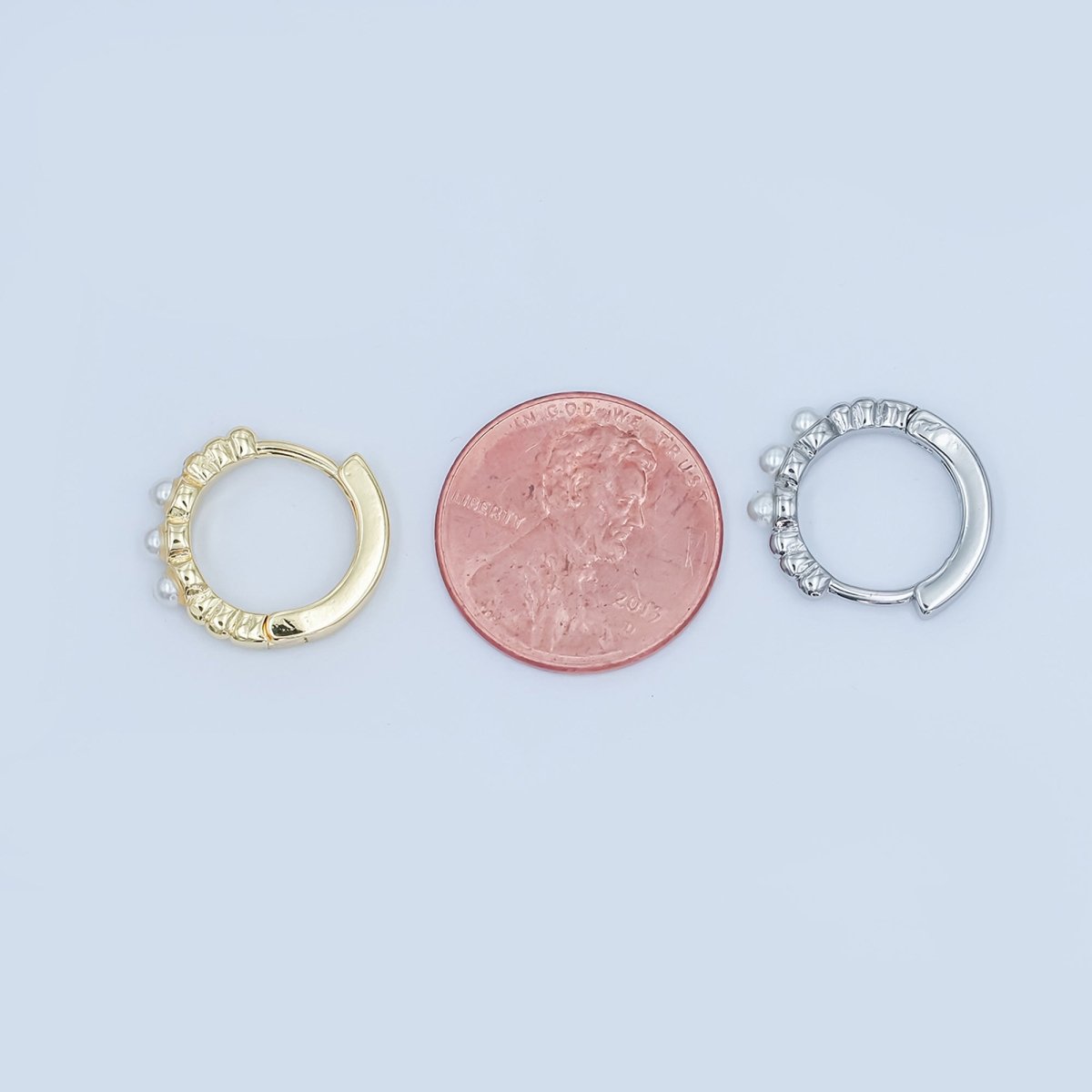24K Gold Filled 14mm Shell Pearl Dotted Huggie Earrings in Gold & Silver | AB1080 AB1082 - DLUXCA