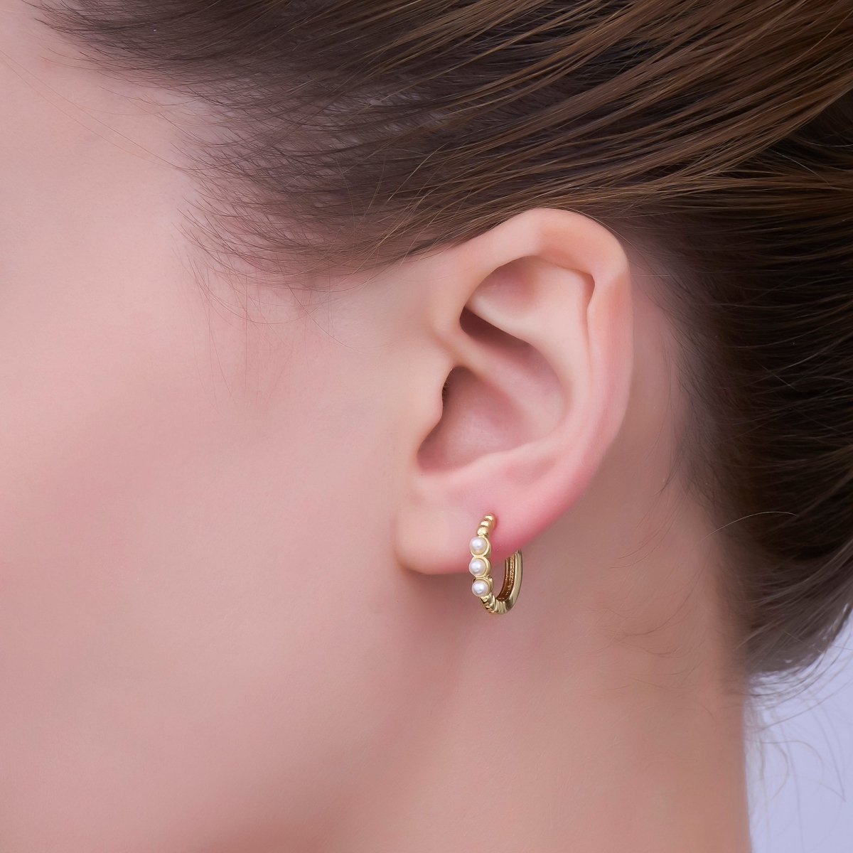 24K Gold Filled 14mm Shell Pearl Dotted Huggie Earrings in Gold & Silver | AB1080 AB1082 - DLUXCA