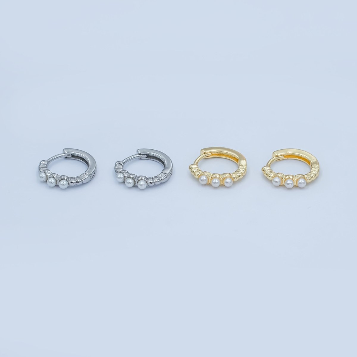 24K Gold Filled 14mm Shell Pearl Dotted Huggie Earrings in Gold & Silver | AB1080 AB1082 - DLUXCA