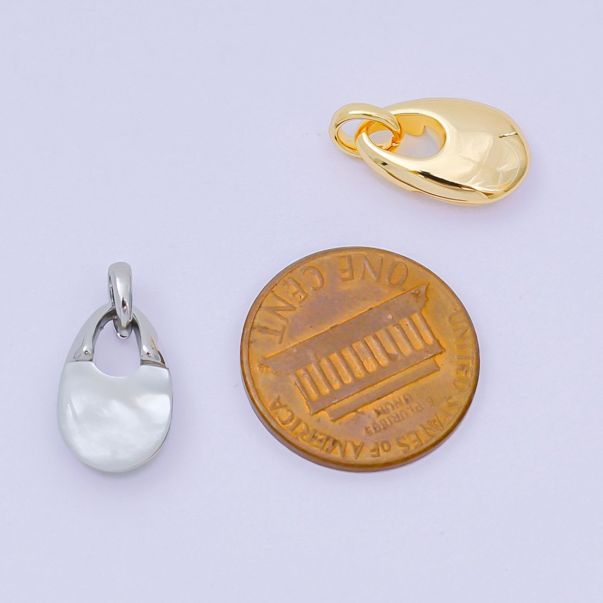 24K Gold Filled 14mm Shell Pearl Mini Padlock Charm Abstract Pendant in Gold & Silver | AA - 1582 - DLUXCA