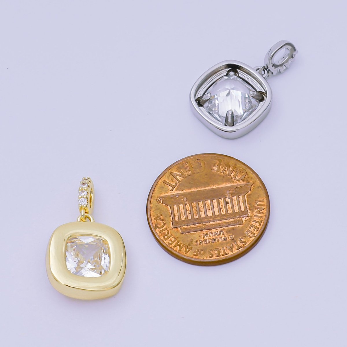 24K Gold Filled 14mm Square CZ Rounded Bezel Rectangular Center point Pendant in Gold & Silver | AH - 527 - DLUXCA