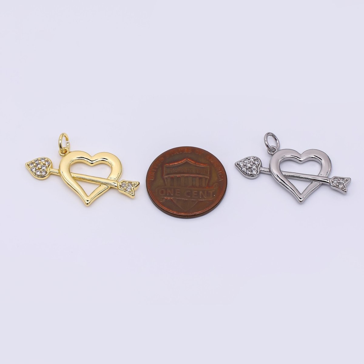 24K Gold Filled 15.5mm Micro Paved CZ Open Heart Arrow Charm in Gold & Silver | AC1597 - DLUXCA