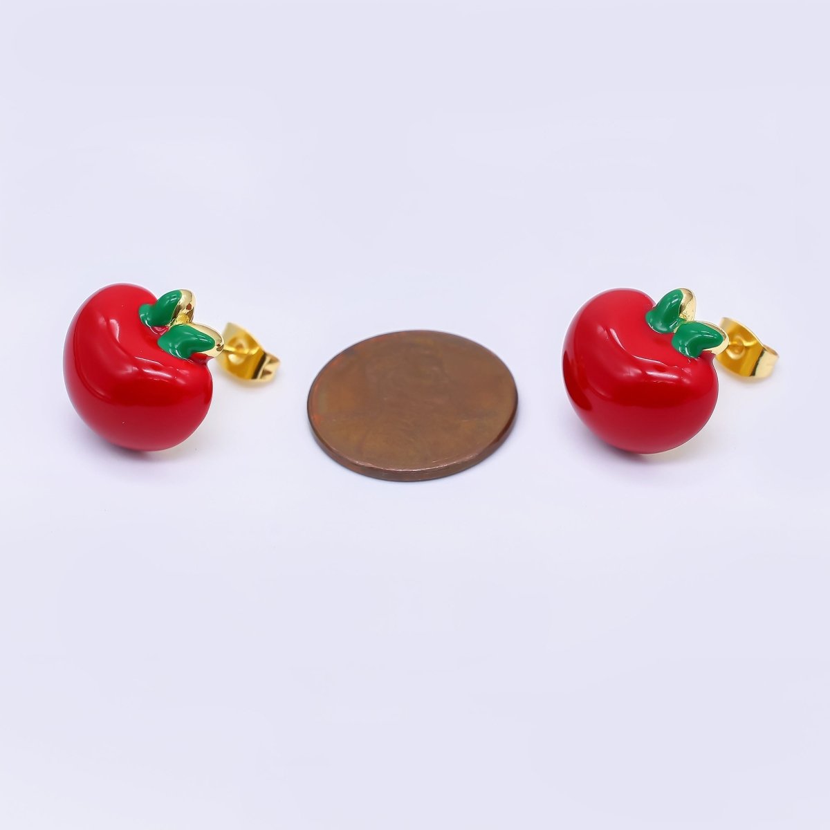 24K Gold Filled 15.5mm Red Enamel Apple Fruit Stud Earrings | AI423 - DLUXCA