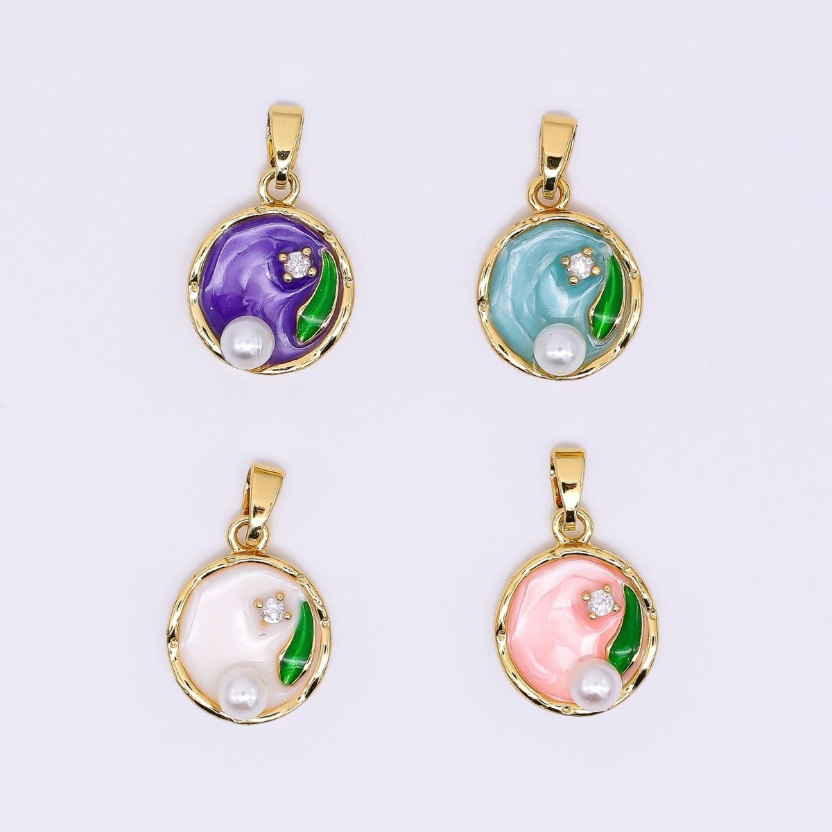 24K Gold Filled 15.5mm Round CZ Enamel Art Shell Pearl Fish Pond Medallion Pendant in Green, Pink, & Purple | AH - 504 AH - 505 - DLUXCA