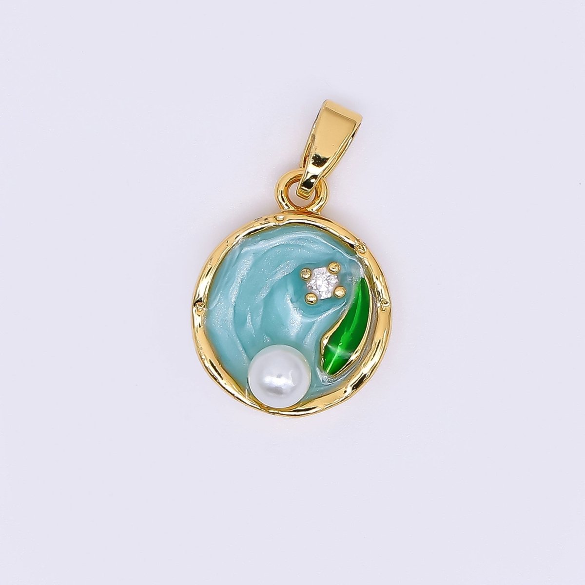 24K Gold Filled 15.5mm Round CZ Enamel Art Shell Pearl Fish Pond Medallion Pendant in Green, Pink, & Purple | AH - 504 AH - 505 - DLUXCA