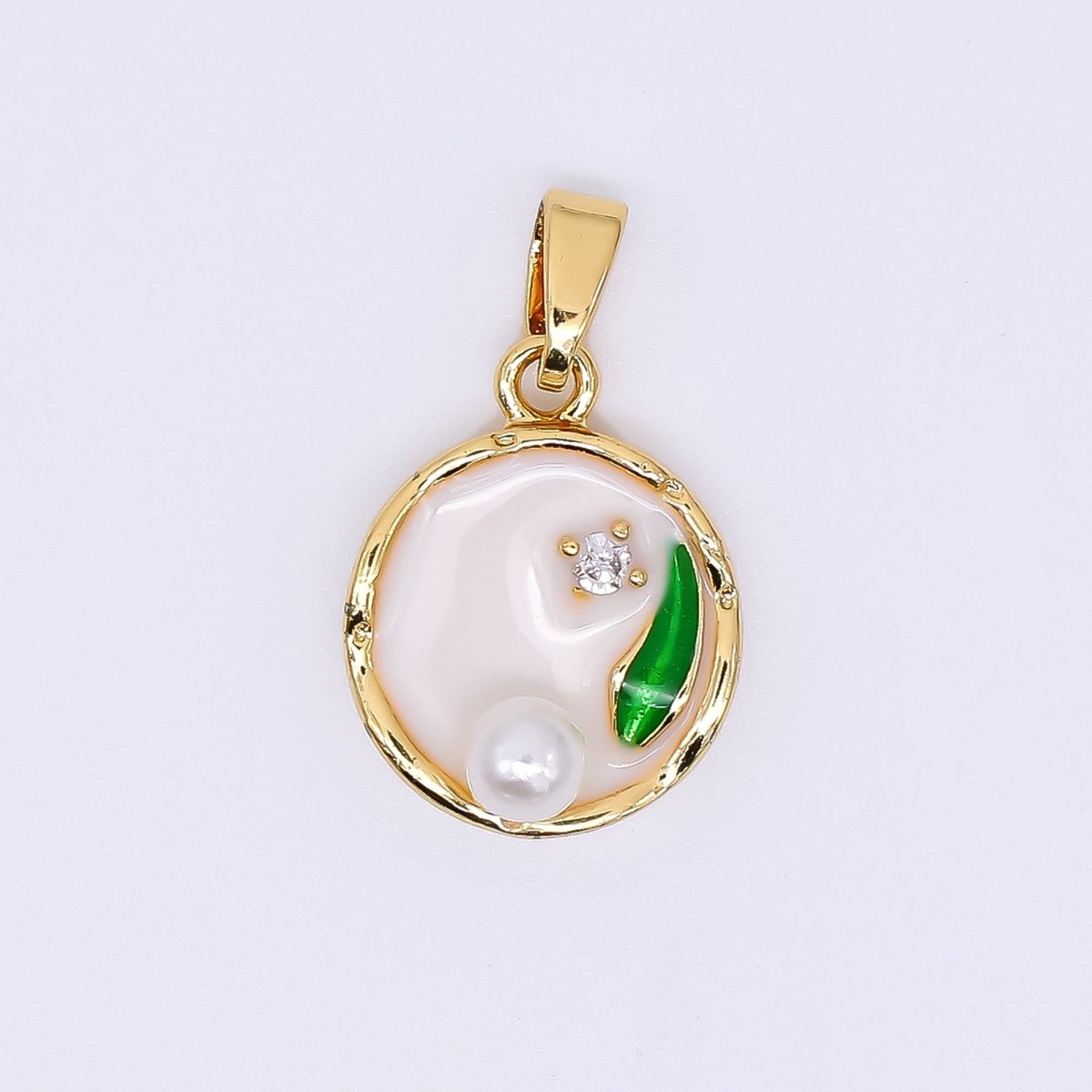 24K Gold Filled 15.5mm Round CZ Enamel Art Shell Pearl Fish Pond Medallion Pendant in Green, Pink, & Purple | AH - 504 AH - 505 - DLUXCA
