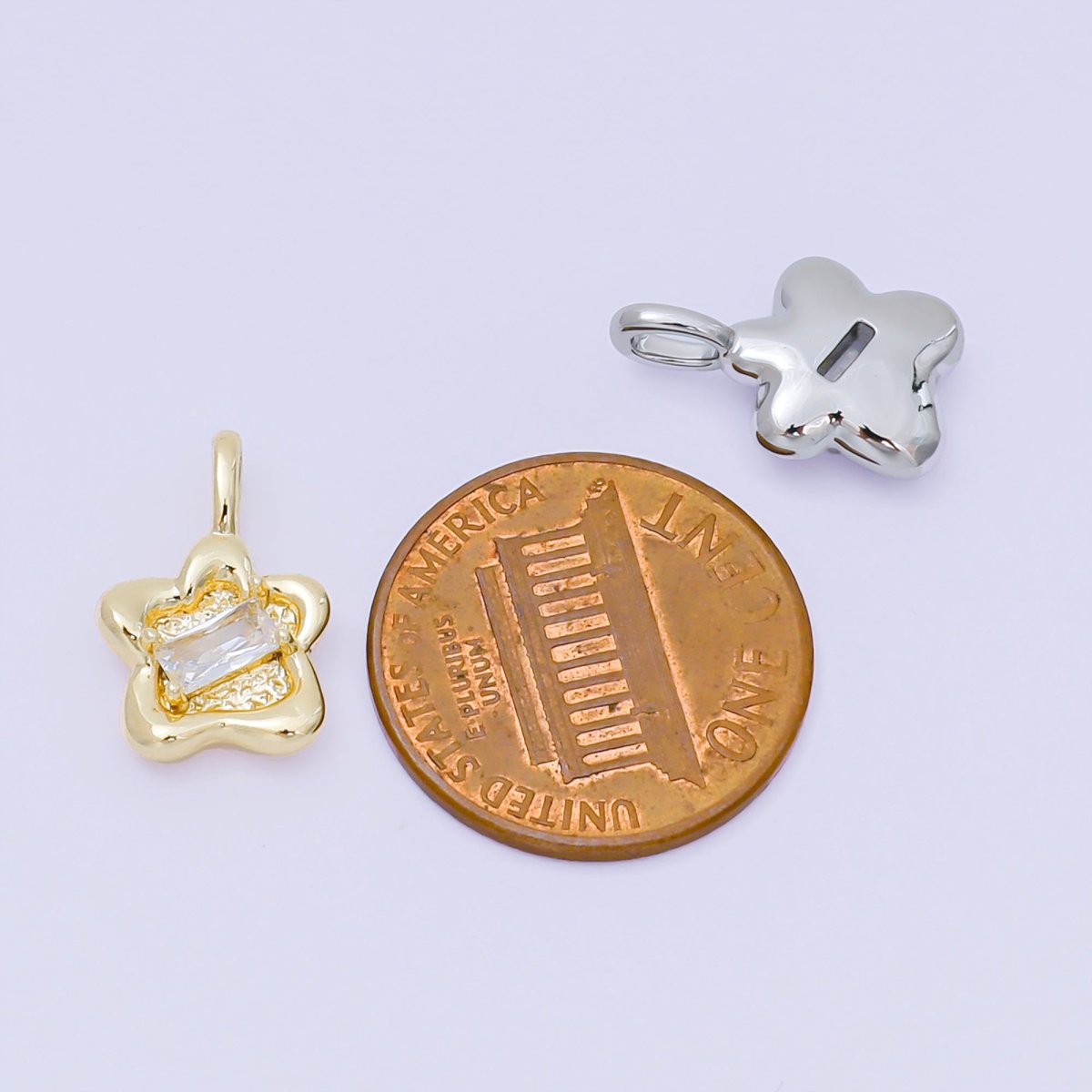 24K Gold Filled 15mm Clear CZ Baguette Stamped Flower Pendant in Gold & Silver | AH515 - DLUXCA