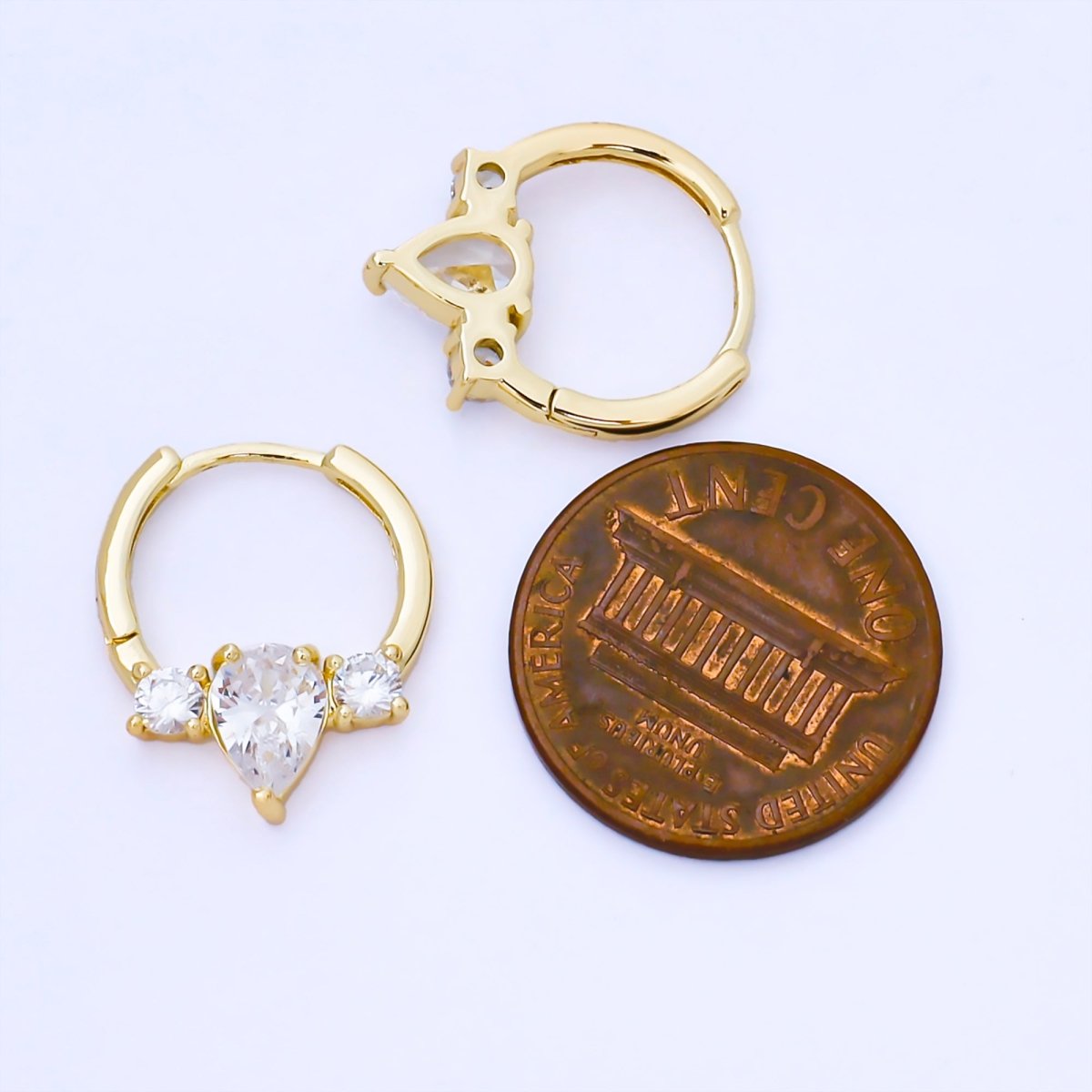 24K Gold Filled 15mm Clear CZ Three CZ Sideways Cluster Huggie Earrings | AB1624 - DLUXCA