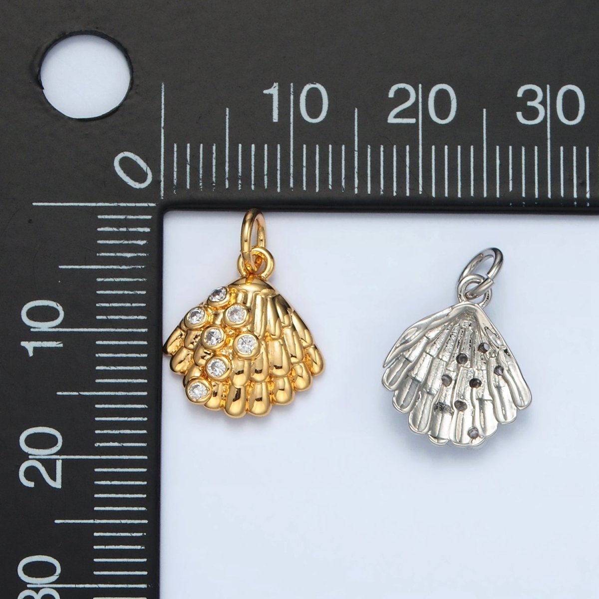 24K Gold Filled 15mm CZ Dotted Clam Sea Shell Charm in Gold & Silver | AG862 - DLUXCA
