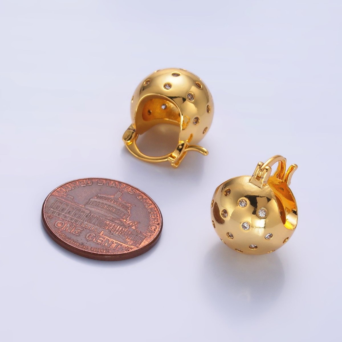 24K Gold Filled 15mm CZ Dotted Round Dome Latch Hoop Earrings | AB231 - DLUXCA